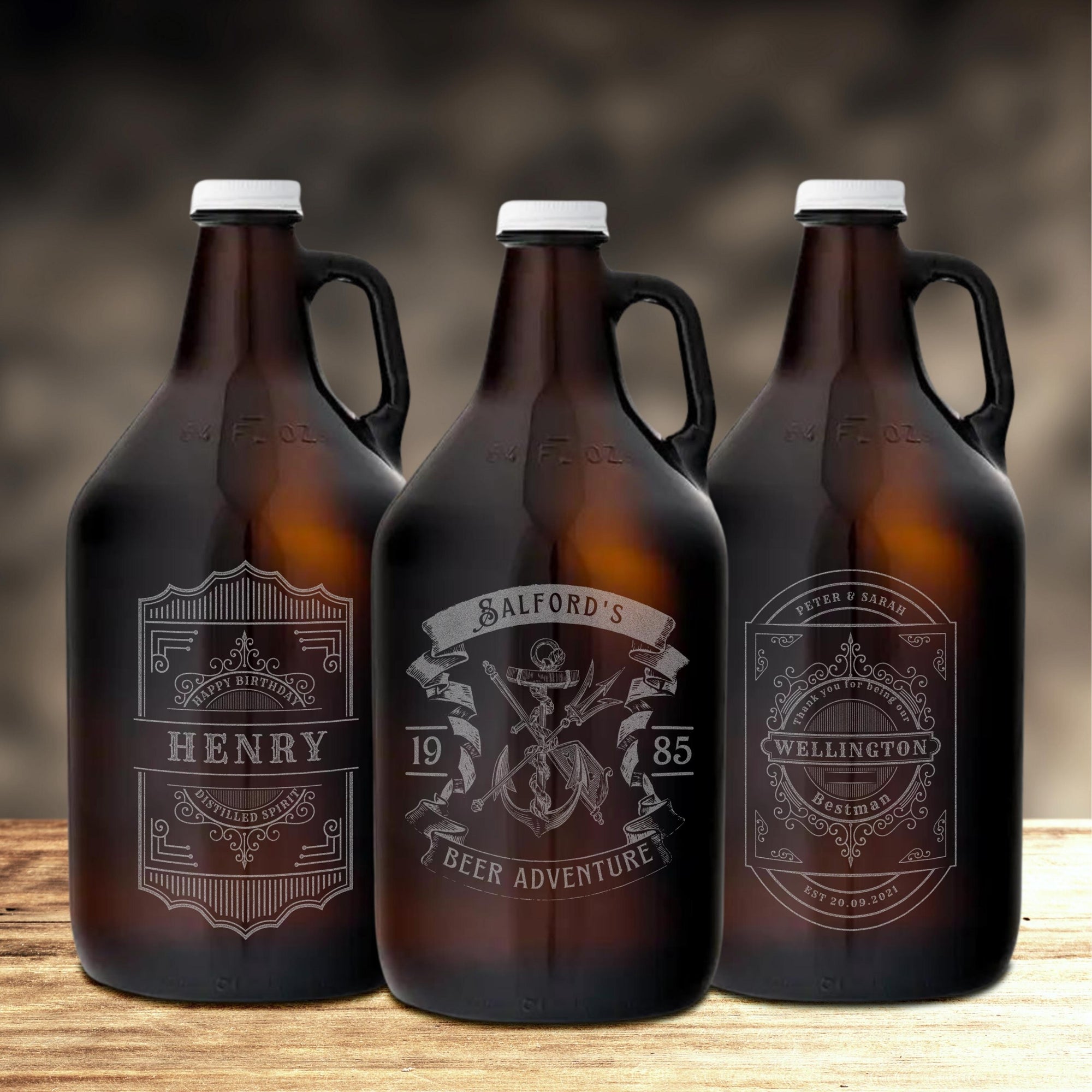 Personalised 1.9L Amber Glass Craft Beer Growler, Engraved Brewery Takeaway Tankard Bottle, Etched Custom Logo Corporate/ Father/ Housewarming Gift, Wedding/ Groomsmen Favour