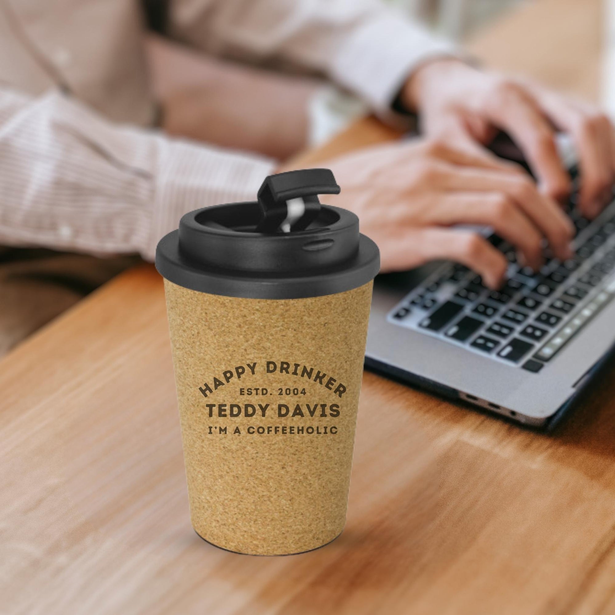 Personalised Double Wall Cork Coffee Cup, Custom Engraved Reusable Insulated Tea Sipper Tumbler, Travel Mug, Portable Flask, Corporate Gifts