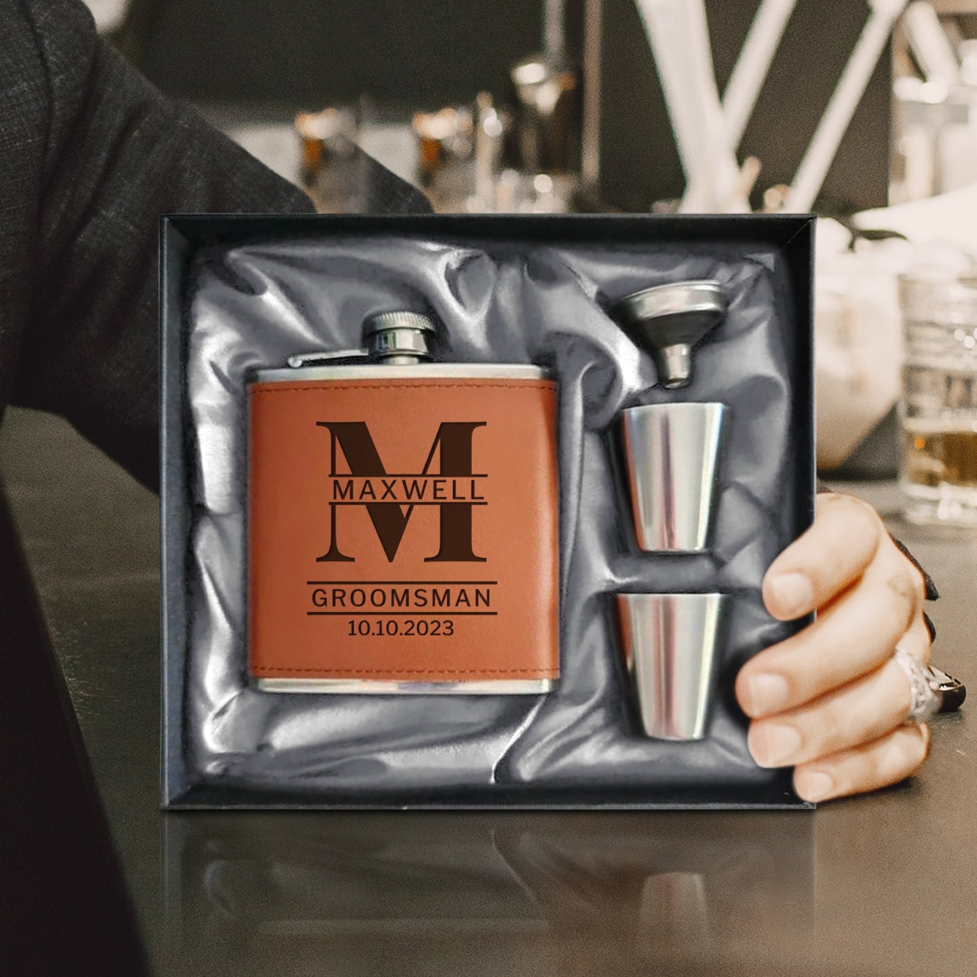 Personalised Tan Leatherette Stainless Steel 7oz Hip Flask, Funnel, Shot Glasses Set Custom Engraved Logo Groomsman, Dad, Corporate Gift Box
