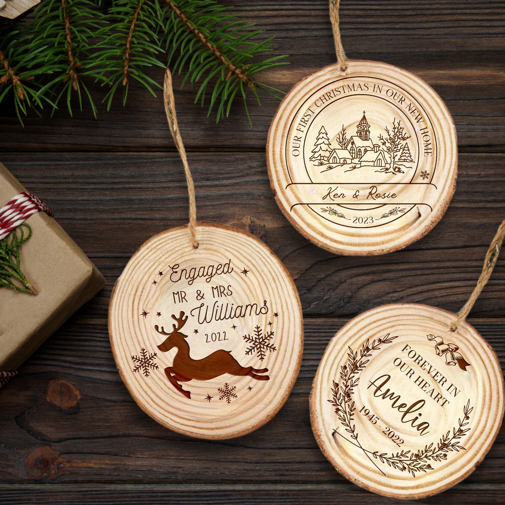 Custom Engraved Christmas Rustic Wood Slice Ornament, Personalised First Engaged Married Wreath Family Hanging Tree Baubles, Decor Gift Tags