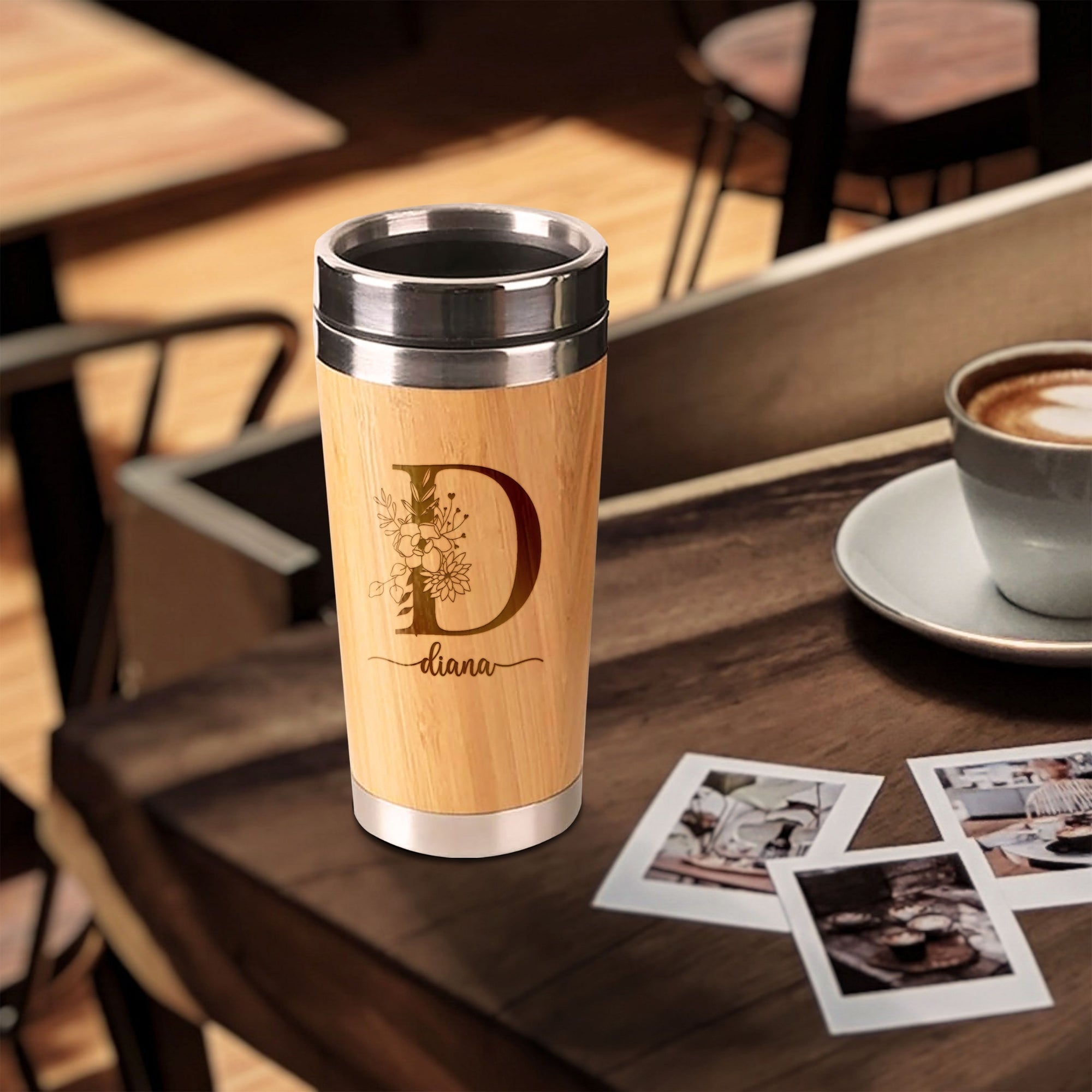 Personalised Bamboo, Stainless Steel Insulated Cup, Custom Engraved Logo Travel Thermal Tumbler, Vacuum Mug Flask, Teacher, Corporate Gift