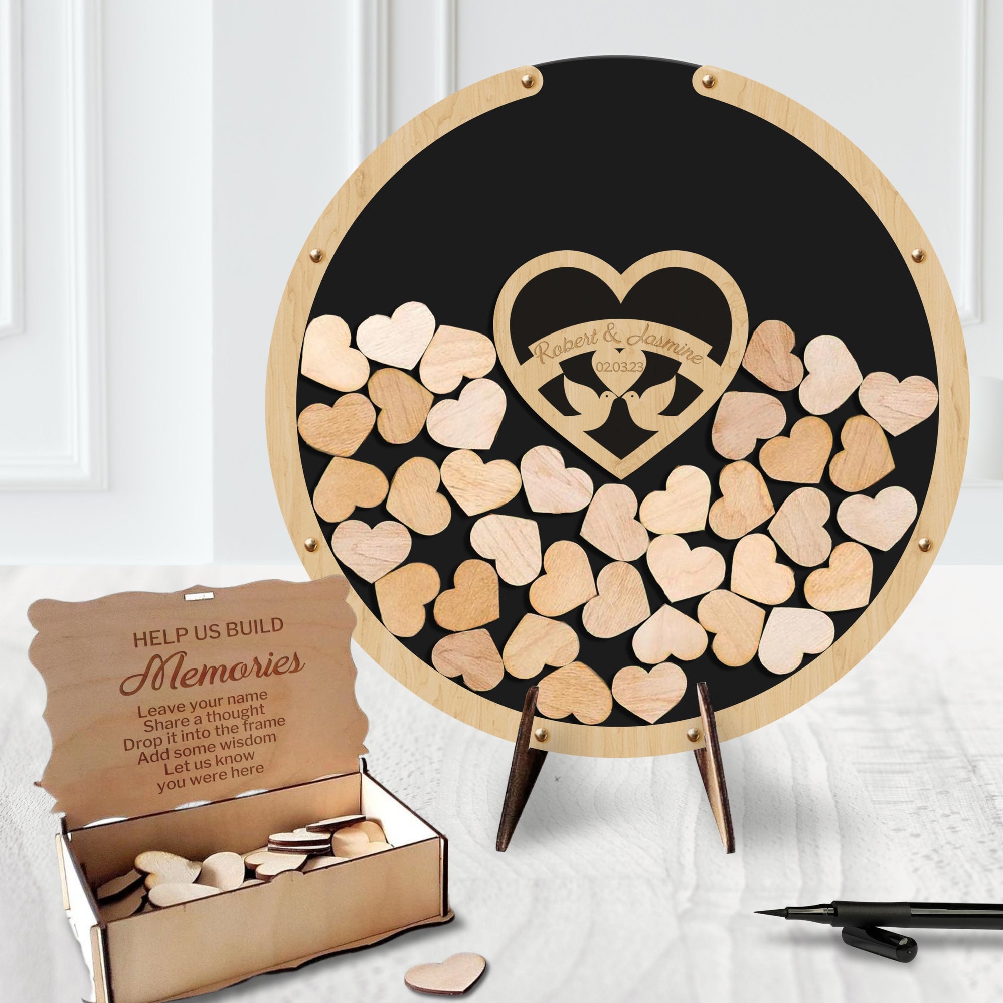 Custom Made Laser Cut Wooden & Acrylic Round Shape Wedding Heart Drop Box Rustic Personalised Circle Guest Book Alternative Stationery Decor