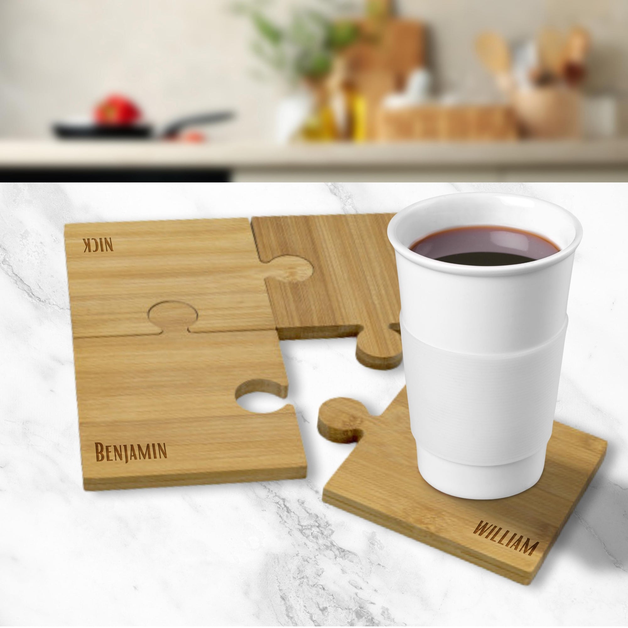 Personalised Set of 4 Jigsaw Puzzle Bamboo Coaster, Custom Engraved Drink Mat, Wedding/ Anniversary / Housewarming/ Birthday/ Corporate Gift