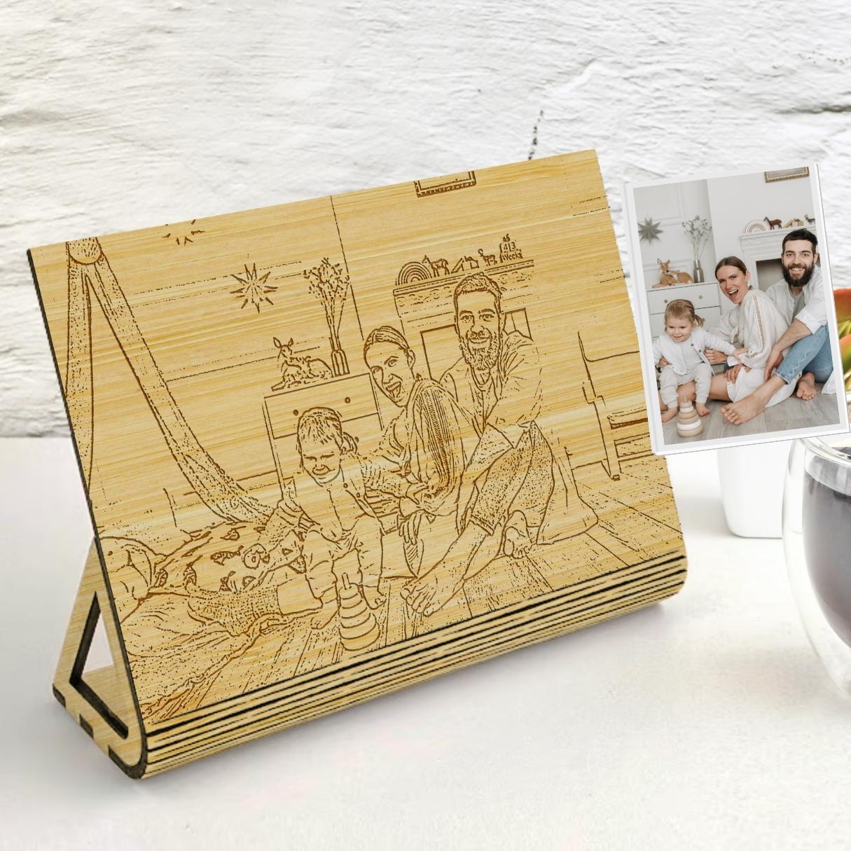Custom Engraved Wooden Sketch Photo Frame, Personalised Plywood Picture Display, Family Couple, Pet, Anniversary, Baby, Birthday Memory Gift