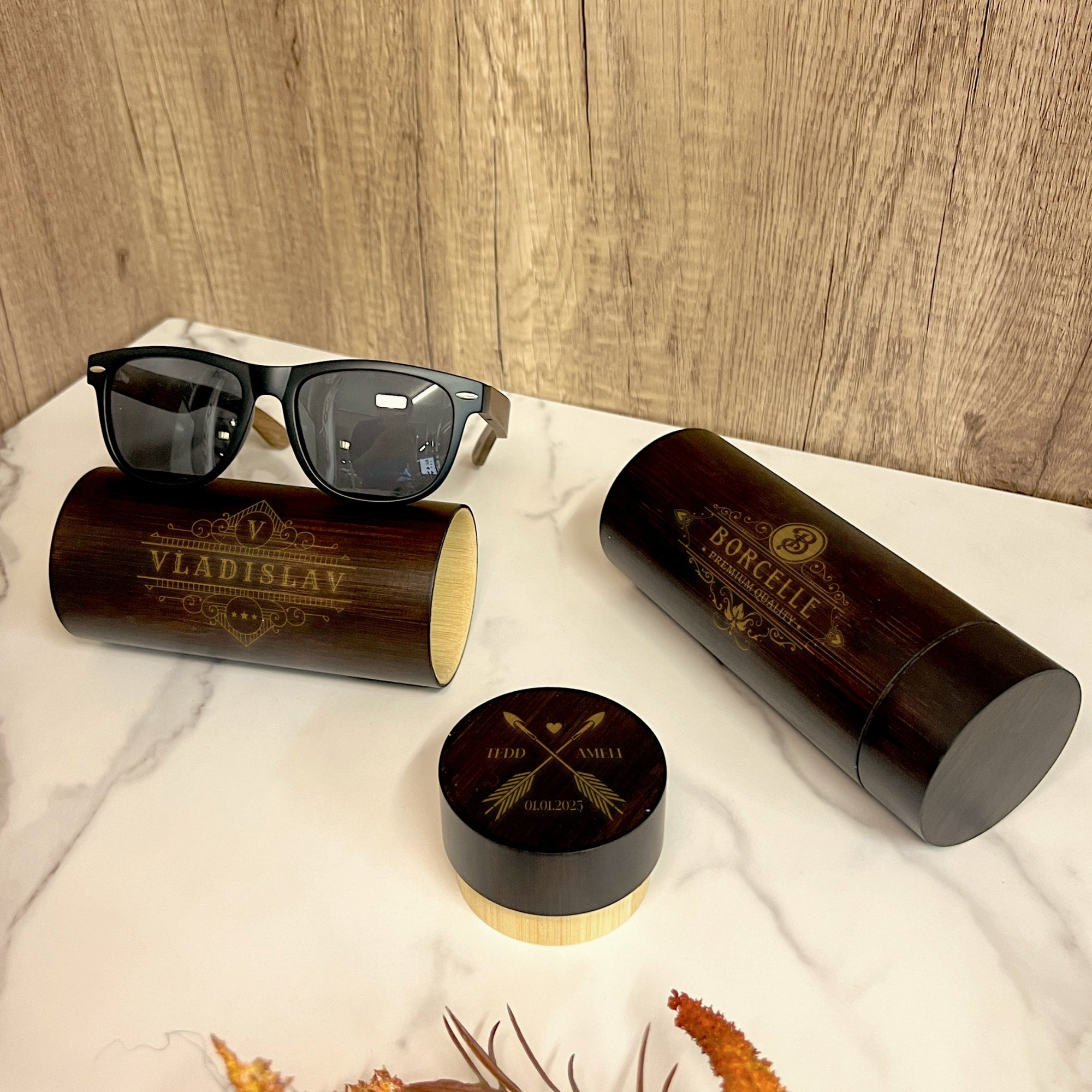 Personalised Wooden Polarised Sunglasses & Walnut Cylinder Box, Custom Engraved Logo Eyeware Glasses Case, Groomsman Dad Gift Wedding Favour