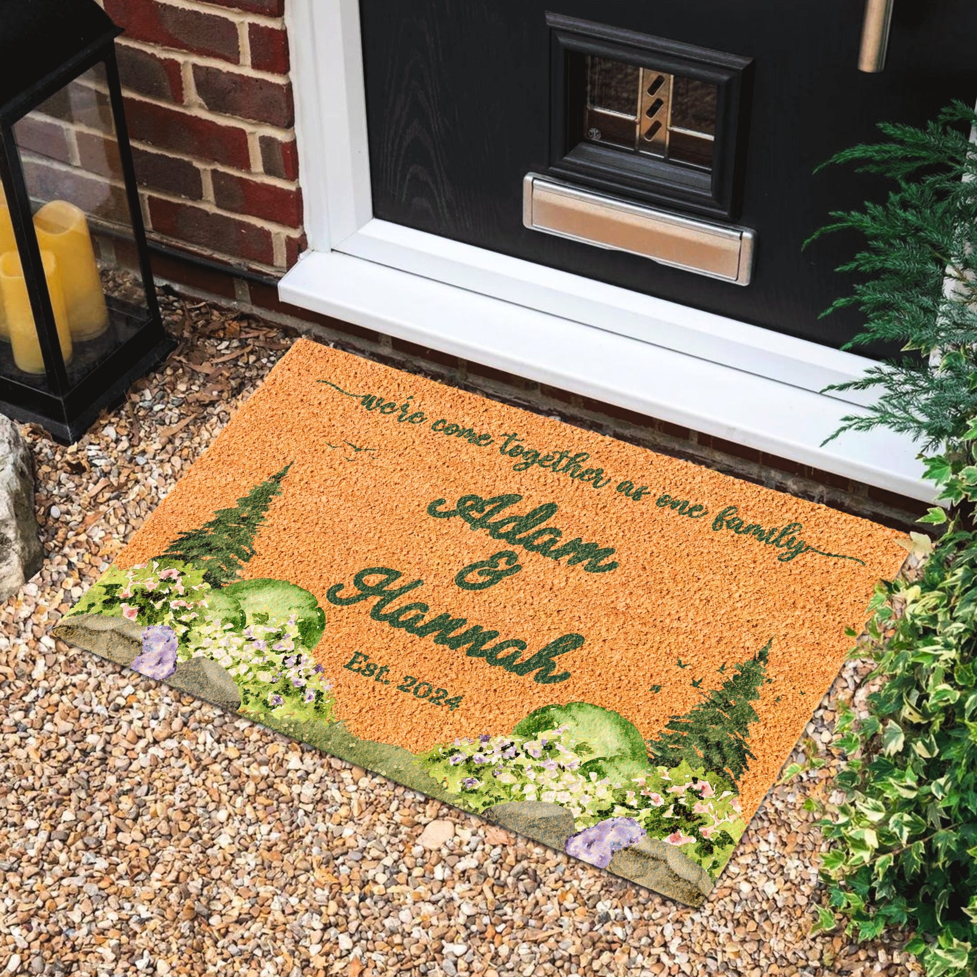 Personalised Floral Garden Coir Doormat, Customised Color Logo Printed Property Estate Entry Welcome Outdoor Indoor Mat, Housewarming Gift
