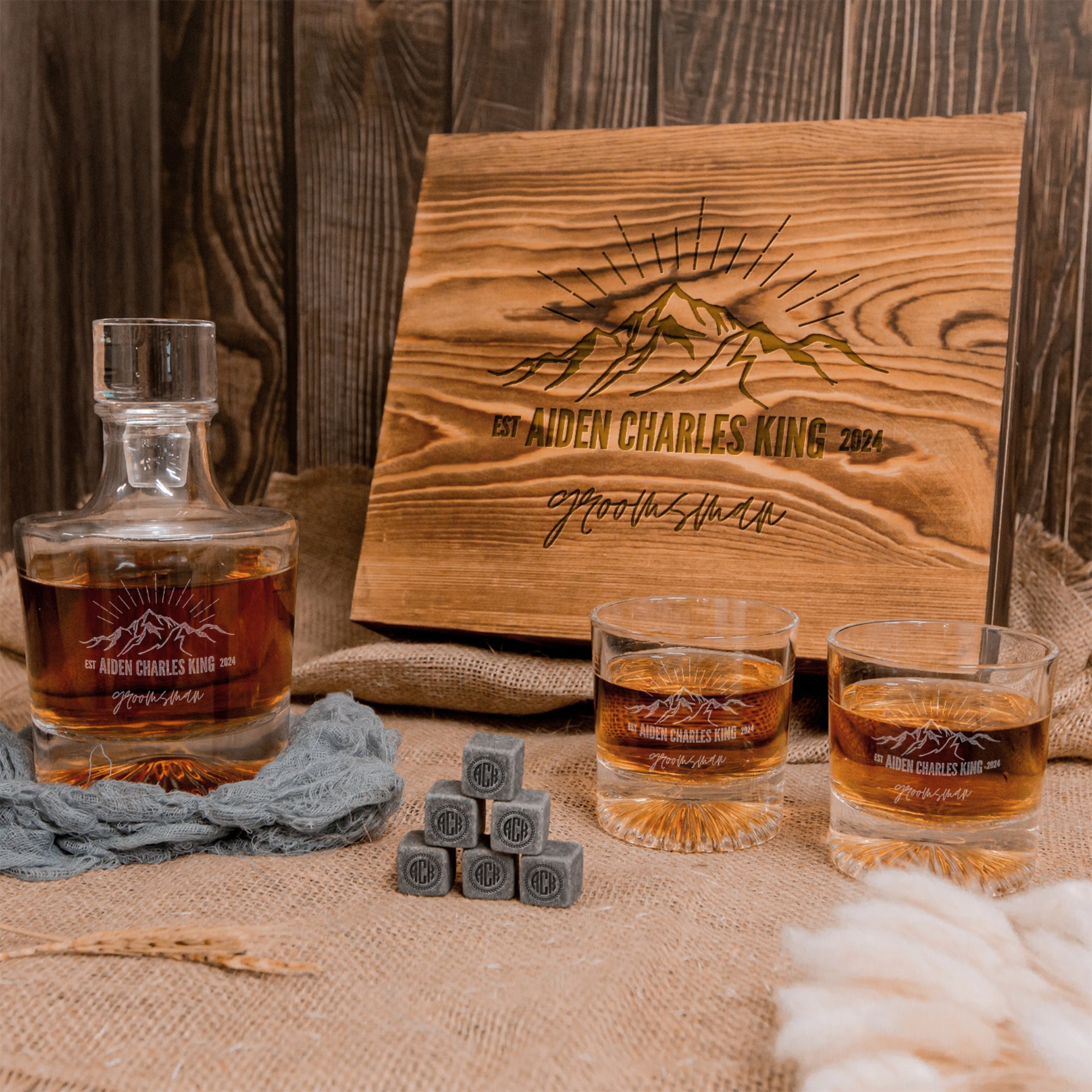 Engraved Whiskey Wooden Box - Round Decanter, 2 Scotch Glasses & 6 Ice Stones Personalised Barware Set Groomsman, Graduate, Anniversary Gift