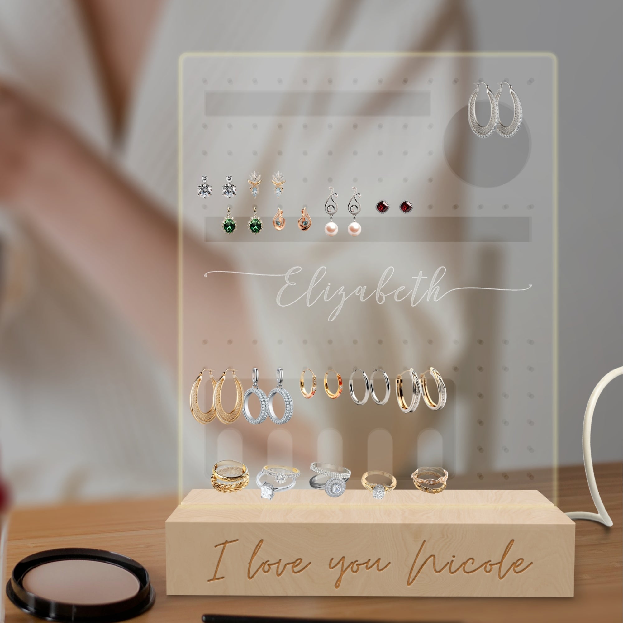 Personalised 3D Acrylic Jewellery Display LED Light Stand, Custom Engraved Earrings, Rings Holder Night Lamp, Kid Decor, Mom, Birthday Gift