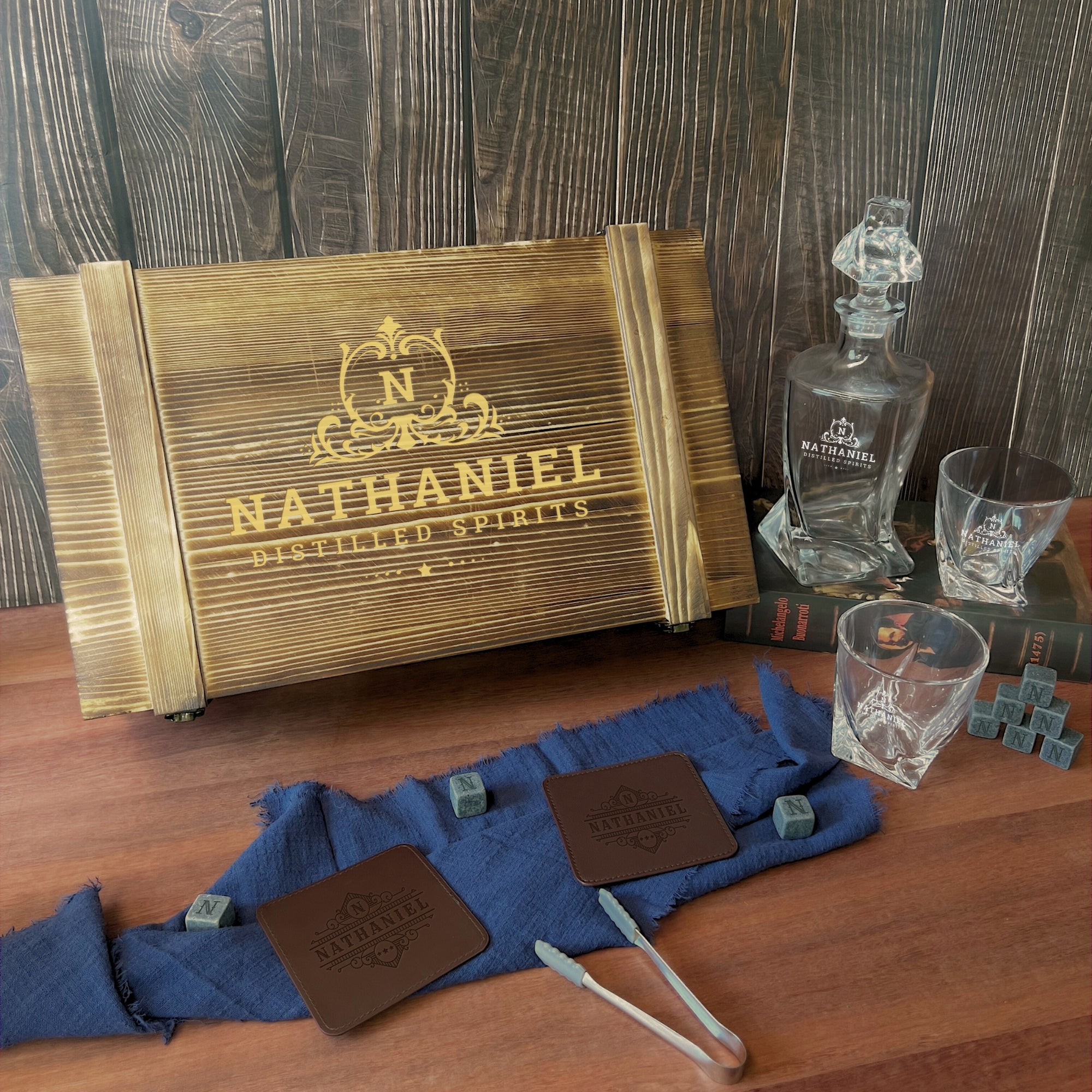 Personalised Wooden Crate Whiskey Gift Box, Twisted Whisky Decanter, 2 Glasses, 6 Ice Stones, 2 Coasters, Tongs, Custom Engraved Barware Set