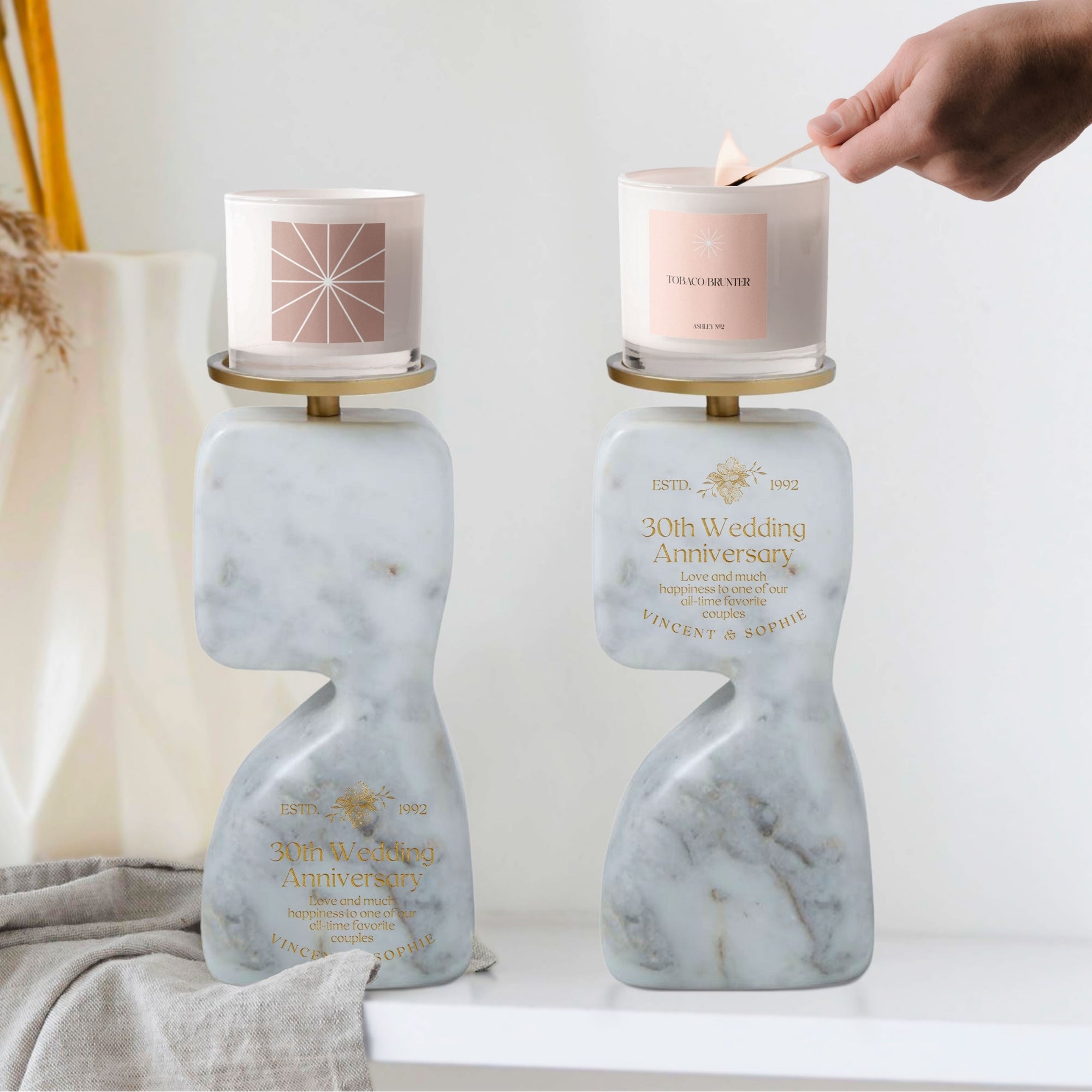 Personalised Marble & Brass Candle Holder, Custom Engraved  Metallic Paint Silhouette Abstract Jewellery Accessories Tray, Housewarming Gift