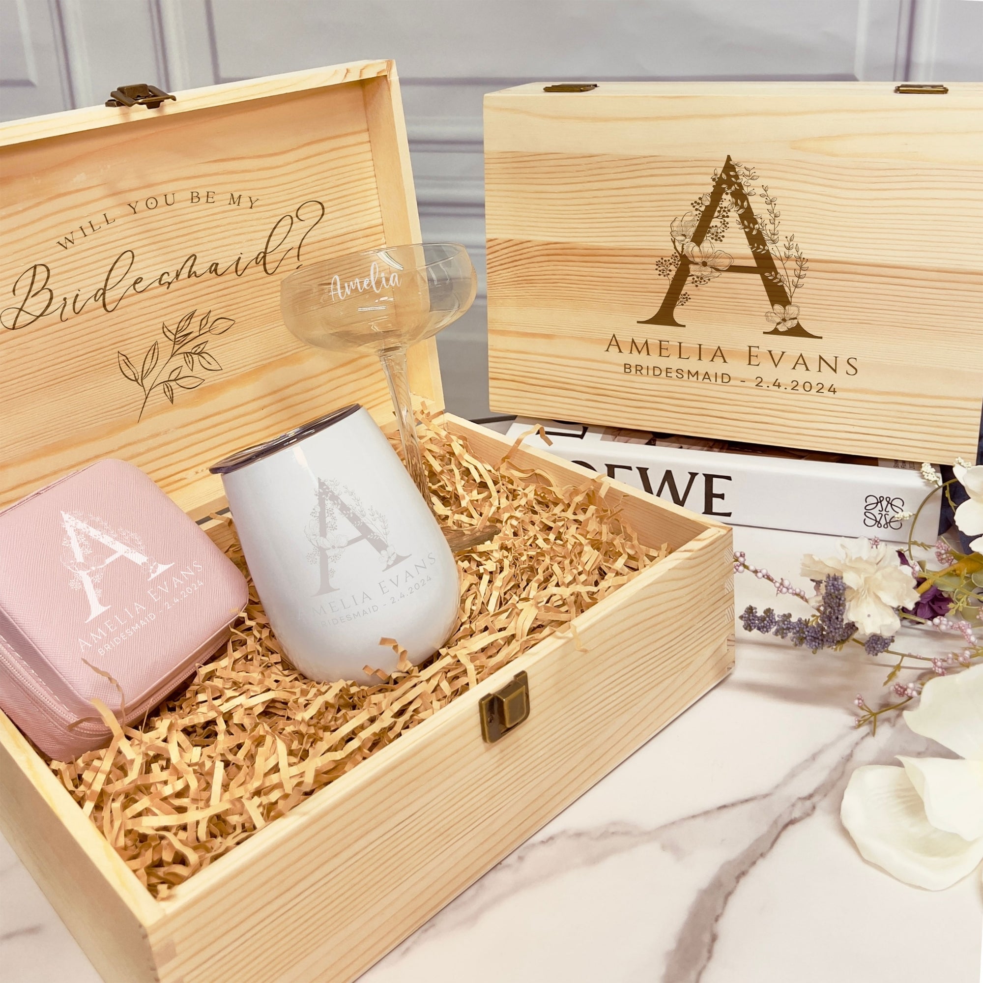 Personalised Champagne Glass, Tumbler, Jewellery Case Set in Custom Engraved Wooden Box, Maid of Honour Mum Bridesmaid Proposal Wedding Gift