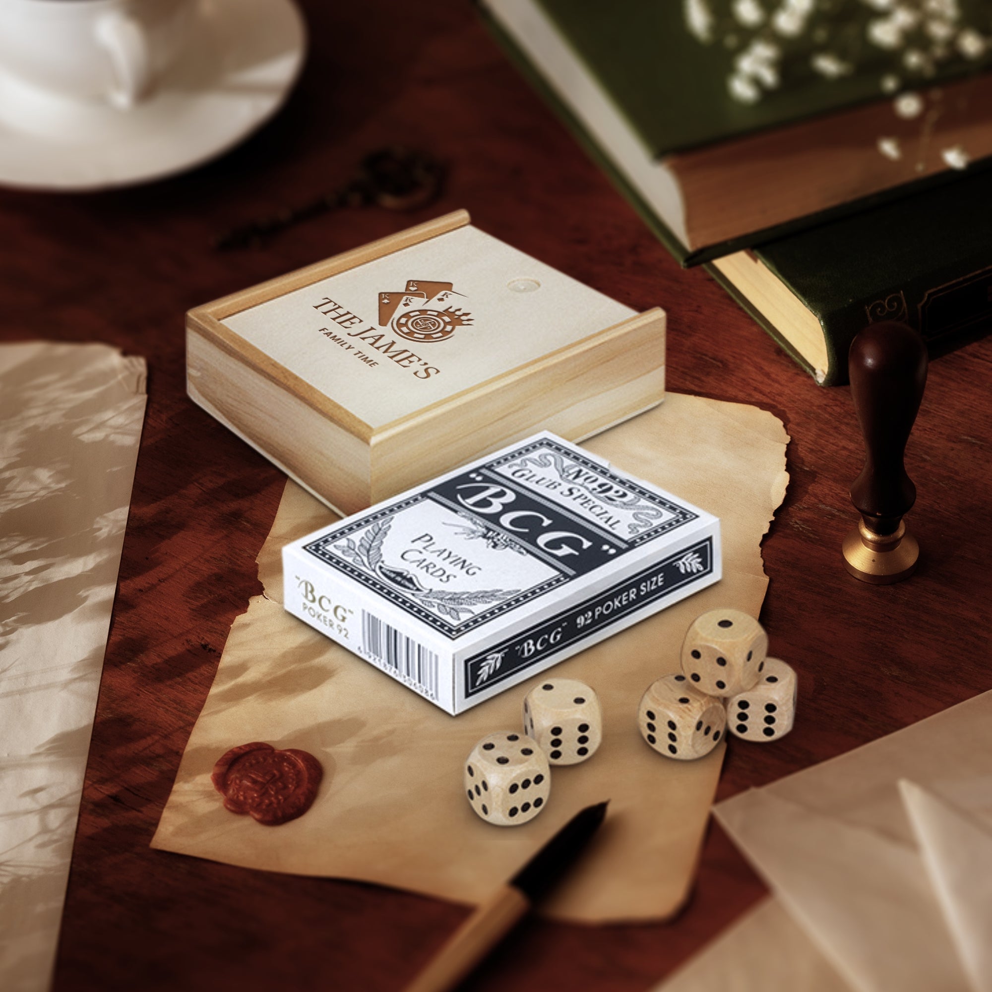Personalised Wooden Gift Boxed Playing Card & 5 Dice Set, Engraved Deck Holder Storage, Family Party Games, Birthday, Father, Christmas Gift