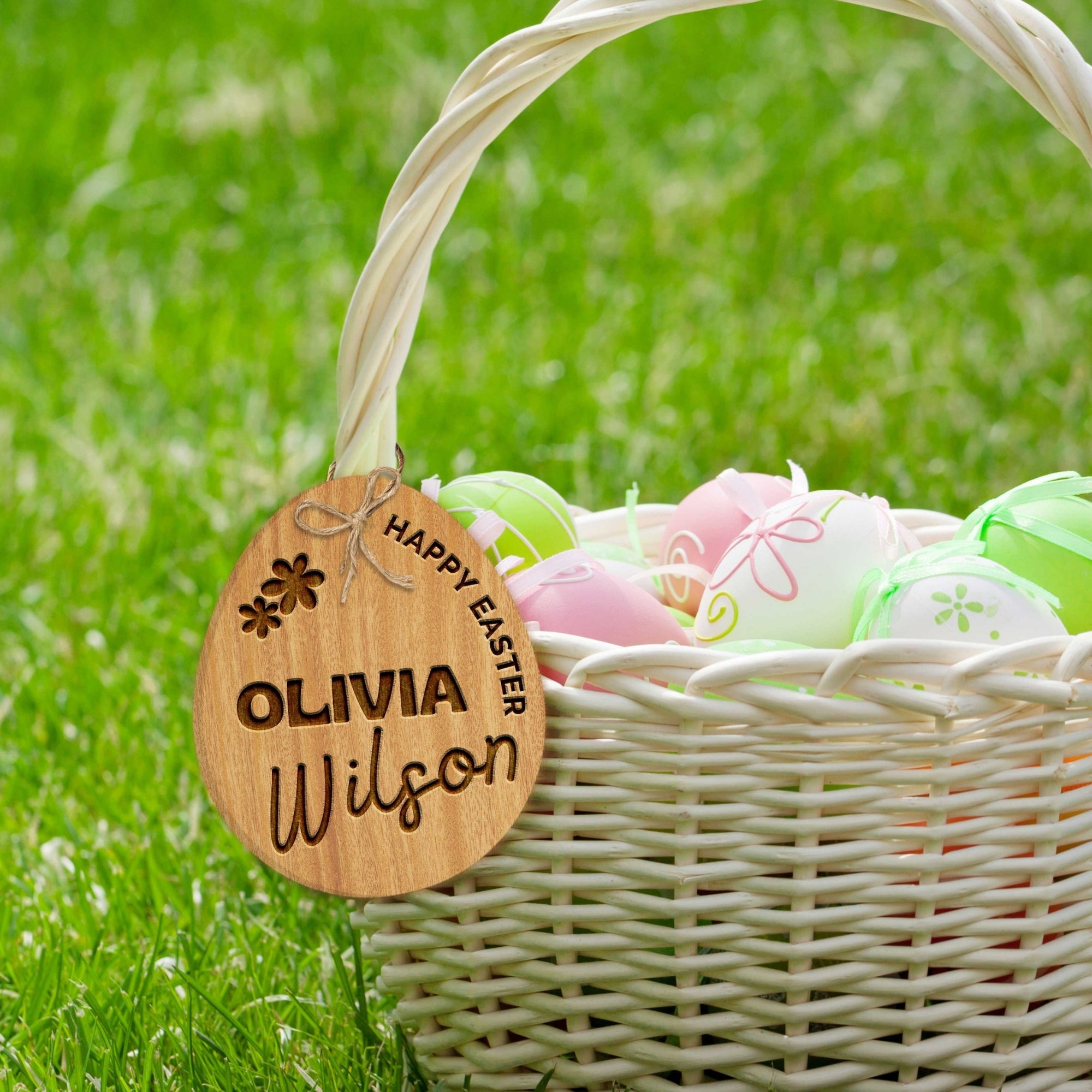 Custom Engraved Easter Wooden Gift Tags, Personalised Bunny Rabbit Present Swing Tag, Etched Carry Egg Basket Tag, Festive Decor, Keepsake