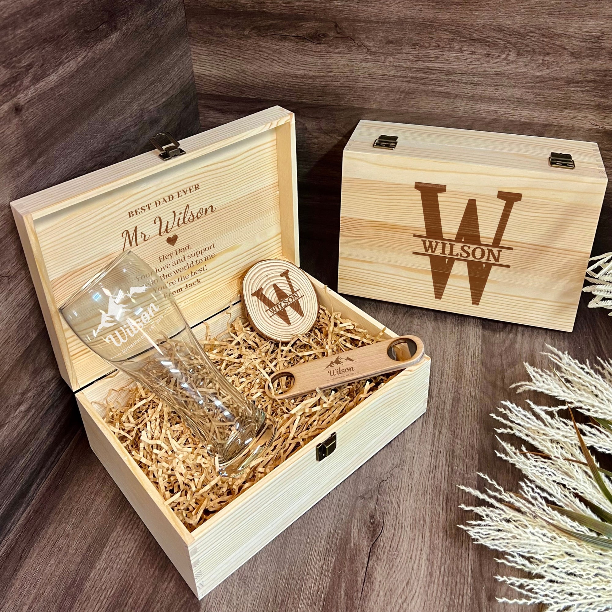 Personalised Slice Coaster, Bottle Opener, Beer Glass Set in Custom Engraved Wooden Box, Best Man, Father, Groomsman Proposal Wedding Gift