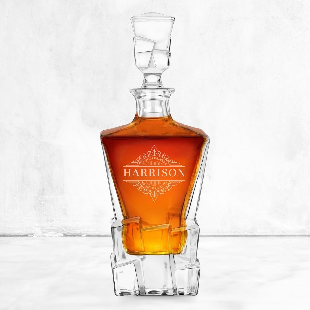 Personalised Wooden Boxed Whiskey Decanter Set, 4 Scotch Glasses, 6 Ice Stones &amp; Tongs | Custom Engraved Groomsmen, Wedding, Whisky Bar Gift