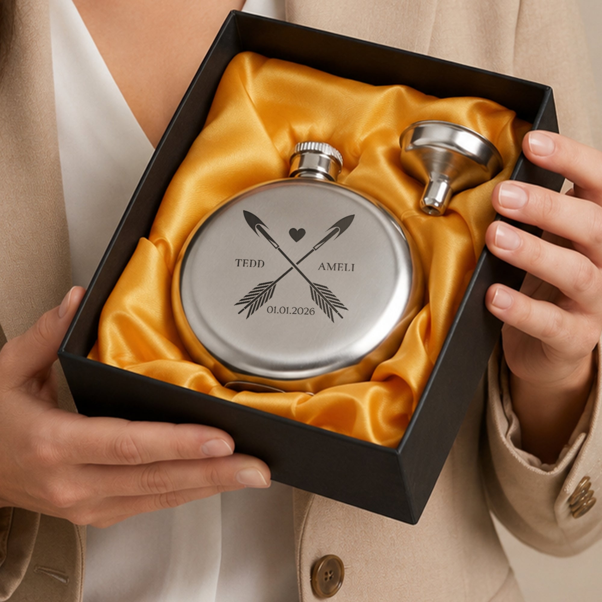 Personalised 5oz Round Hip Flask Gift Box Set for Men