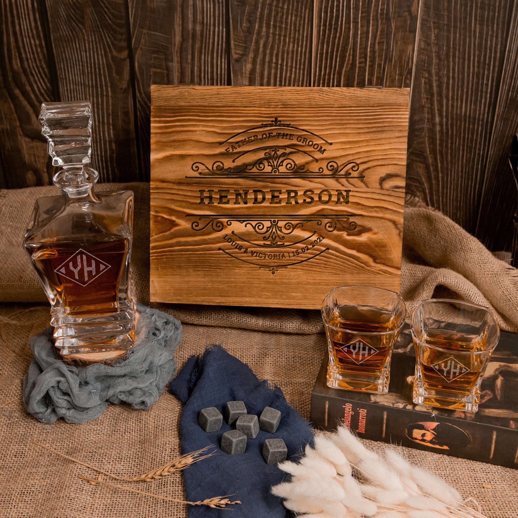Engraved Whiskey Wooden Box - Prism Decanter, 2 Scotch Glasses &amp; 6 Ice Stones, Personalised Barware Set Groomsman Housewarming Dad Xmas Gift