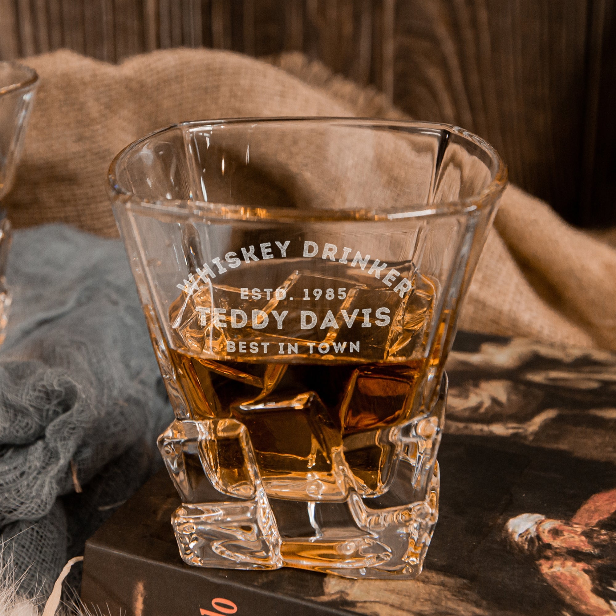 Custom Engraved Whiskey Wooden Box - 2 Square Cut Scotch Glasses &amp; 6 Rock Ice Stones, Personalised Barware Set Graduate Anniversary Dad Gift