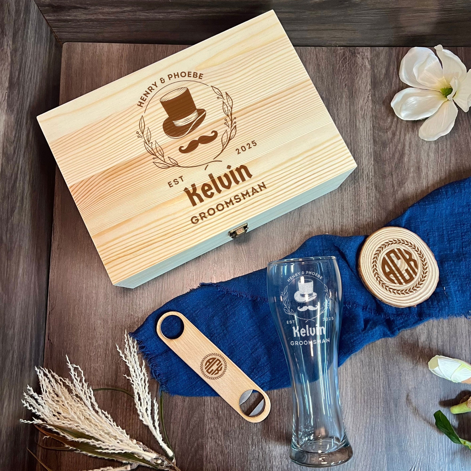 Personalised Slice Coaster, Bottle Opener, Beer Glass Set in Custom Engraved Wooden Box, Best Man, Father, Groomsman Proposal Wedding Gift