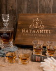 Custom Engraved Whiskey Decanter Set, 4  Scotch Glasses & Wooden Box, Personalised Barware Dad, Groomsmen, Birthday, Wedding, Corporate Gift