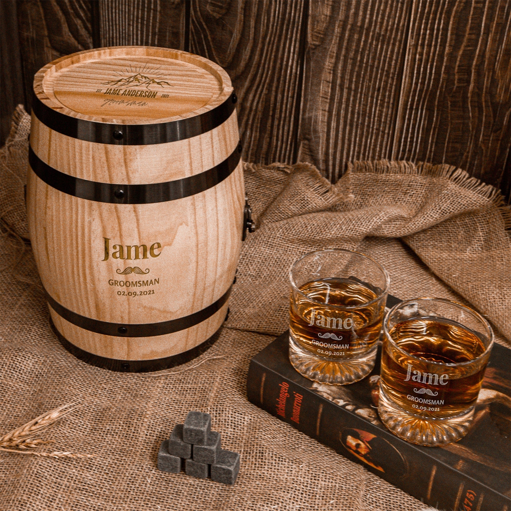 Personalised Wooden Barrel Whiskey Box, 2 Scotch Glasses, 6 Ice Stones | Custom Engraved Barware Set, Dad, Groomsman Wedding, Birthday Gift