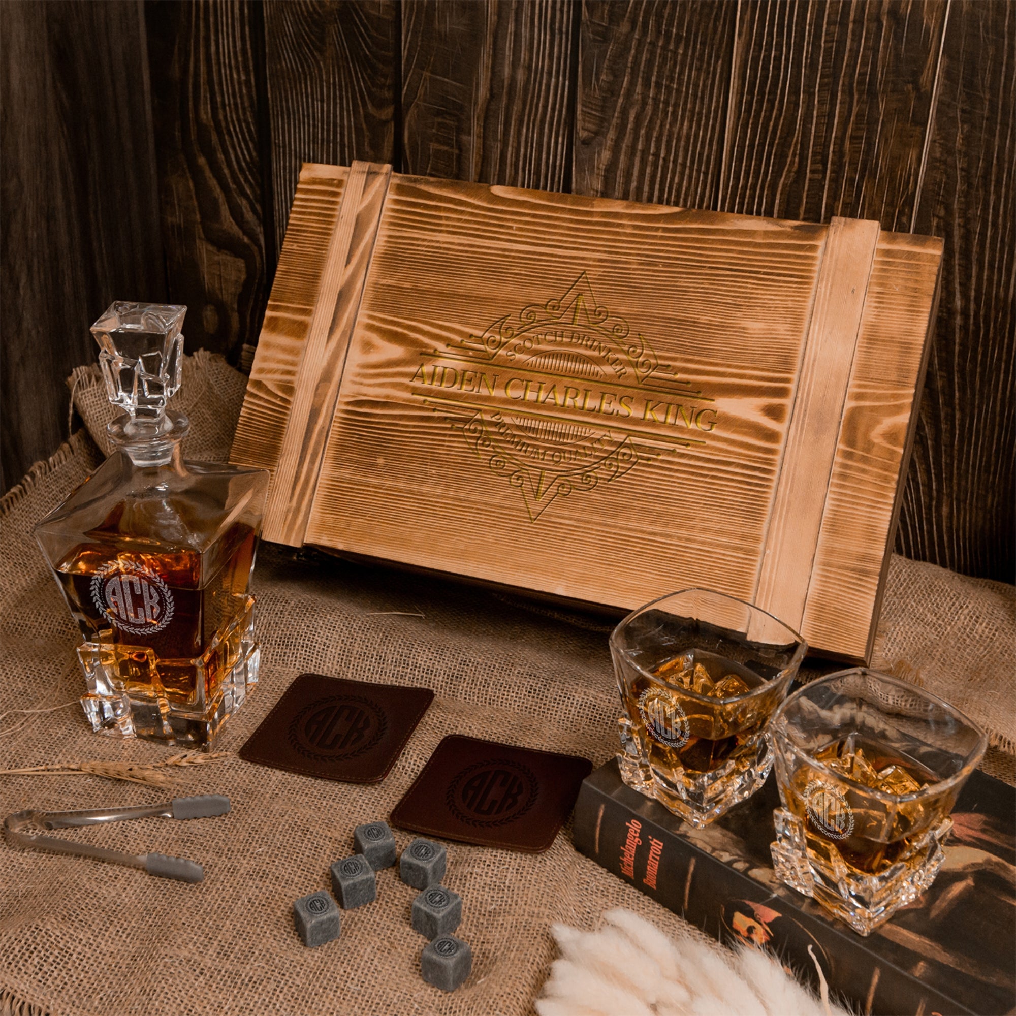 Personalised Army Wood Crate Whiskey Box, Whisky Decanter, 2 Glasses, 6 Ice Stones, 2 Coasters, Tongs, Etched Barware Groomsman Dad Gift Set