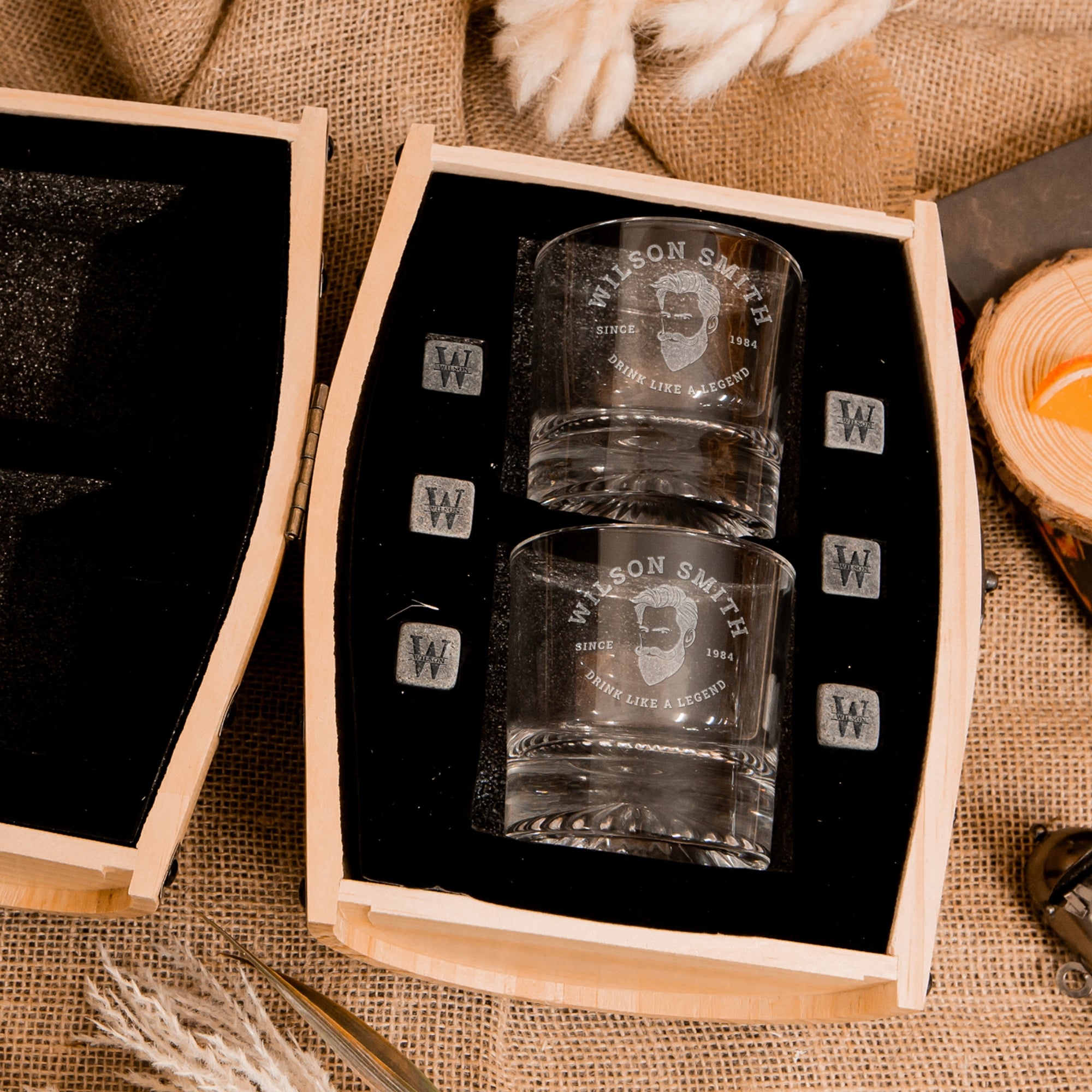 Personalised Wooden Barrel Whiskey Box, 2 Scotch Glasses, 6 Ice Stones | Custom Engraved Barware Set, Dad, Groomsman Wedding, Birthday Gift