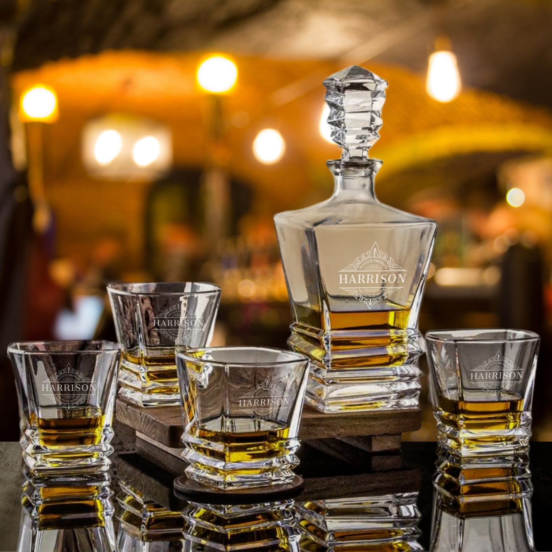 Custom Etched Prism Whiskey Decanter Set, 4  Scotch Glasses &amp; Wooden Box, Personalised Barware Dad, Groomsmen, Birthday, Wedding, Corporate Gift