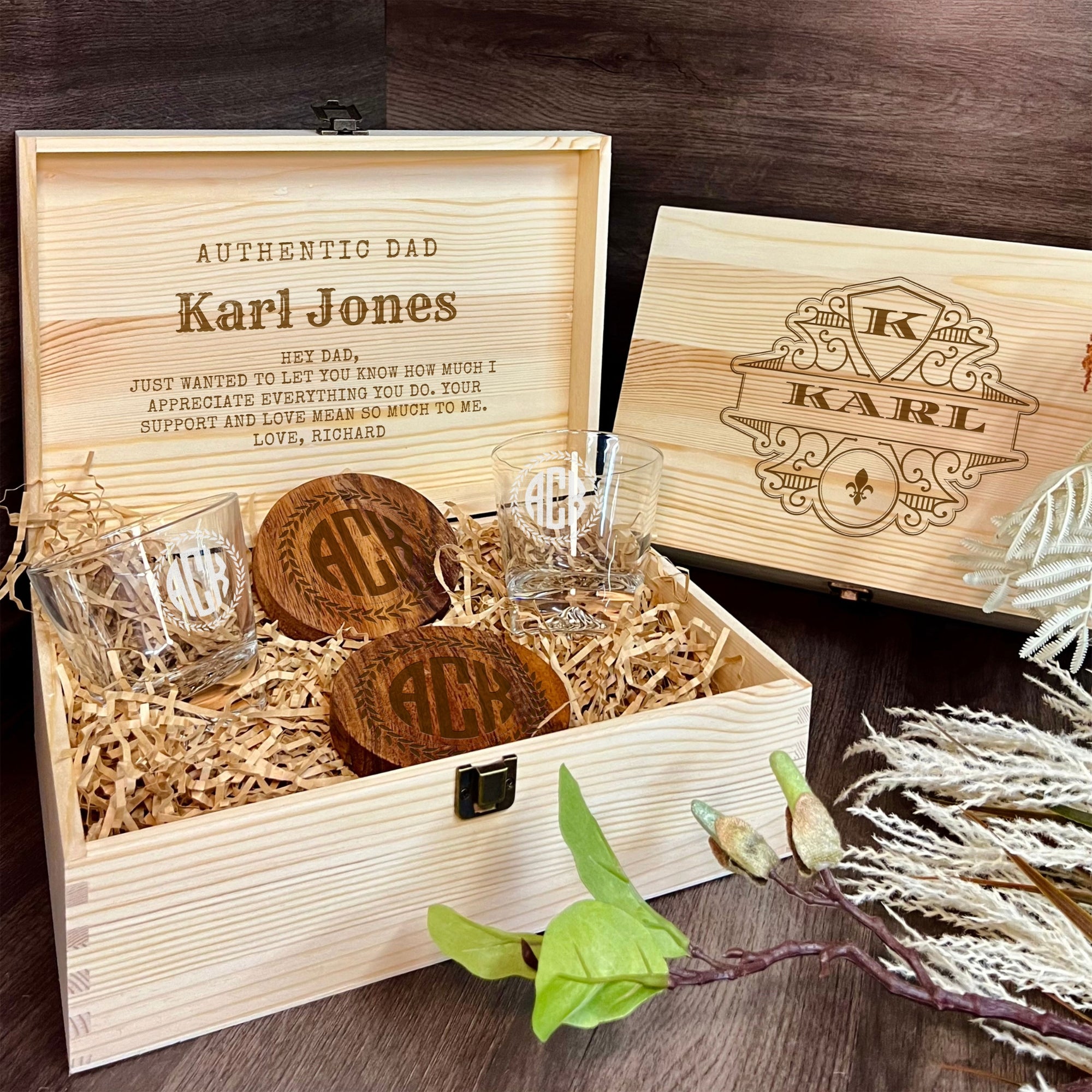 Personalised Groomsman Gift Box for Him -  Mountain Whiskey Glasses & Wooden Acacia Coasters Pair Set, Custom Engraved Best Man, Father of the Bride, Groom Proposal Wedding Favours