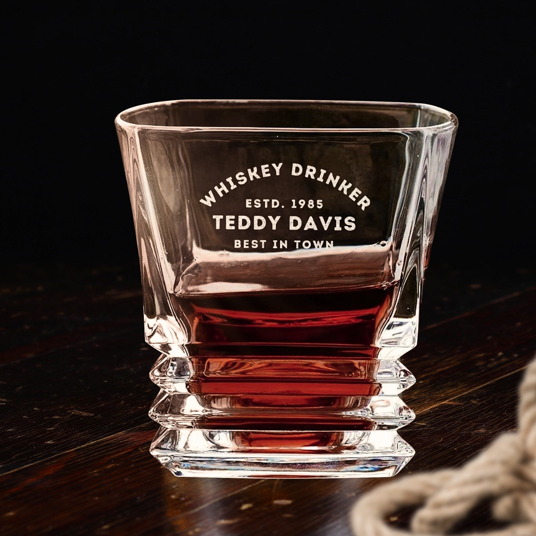 Custom Etched Prism Whiskey Decanter Set, 4  Scotch Glasses &amp; Wooden Box, Personalised Barware Dad, Groomsmen, Birthday, Wedding, Corporate Gift