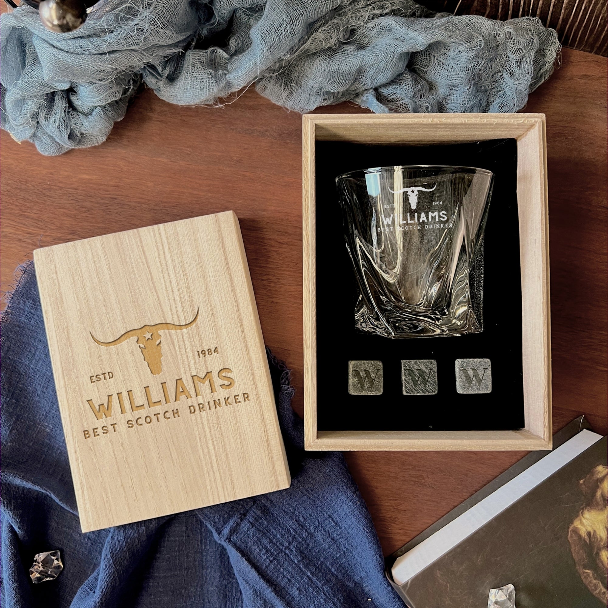Personalised Wooden Whiskey Gift Box, 280ml Twisted Whiskey Glass, Ice Stones, Coaster, Custom Engraved Wedding Barware, Dad, Corporate Gift