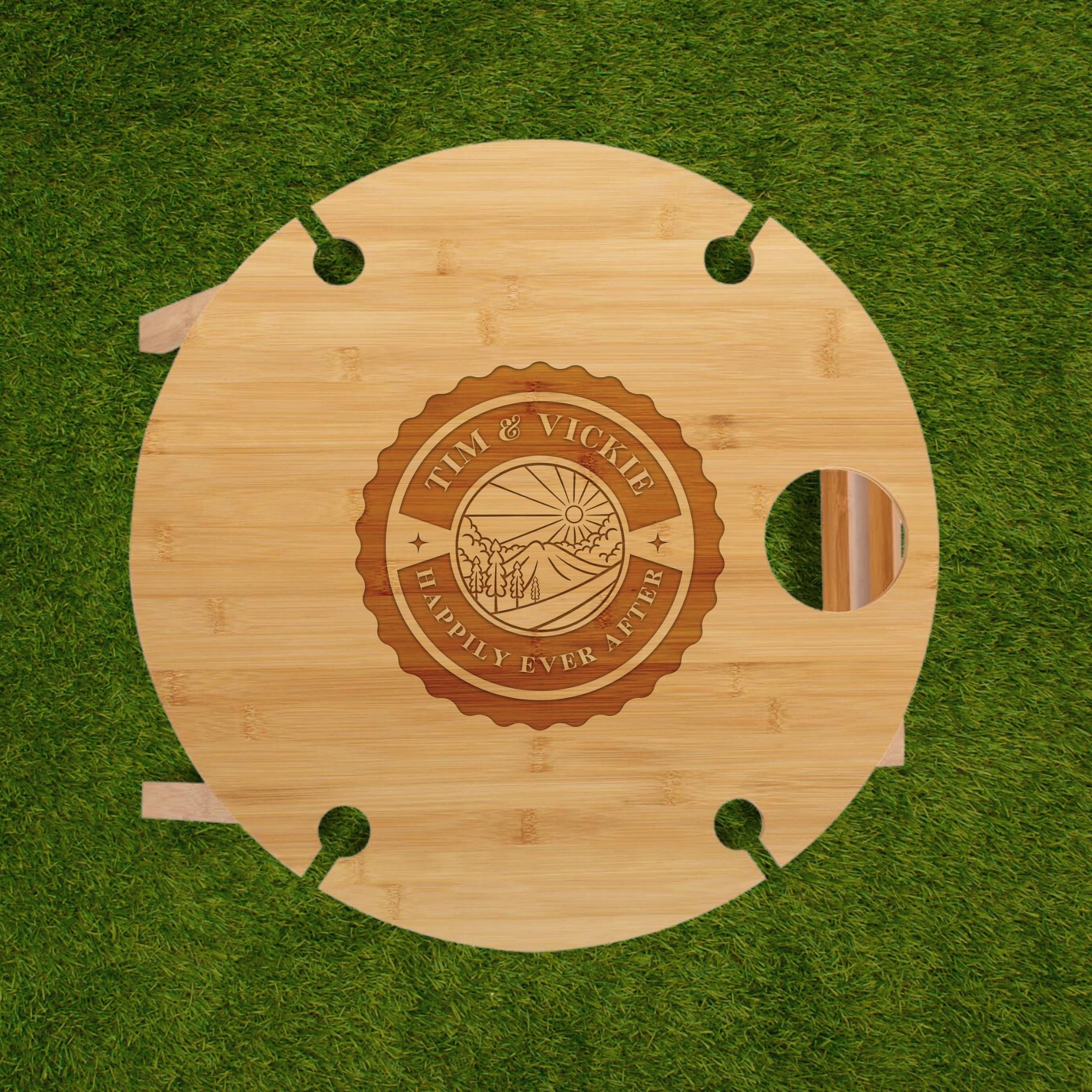 Personalised Portable Foldable Bamboo Travel 4 People Round Picnic Table &amp; Crystal Wine Glasses, Custom Wedding, Anniversary, Housewarming Gift