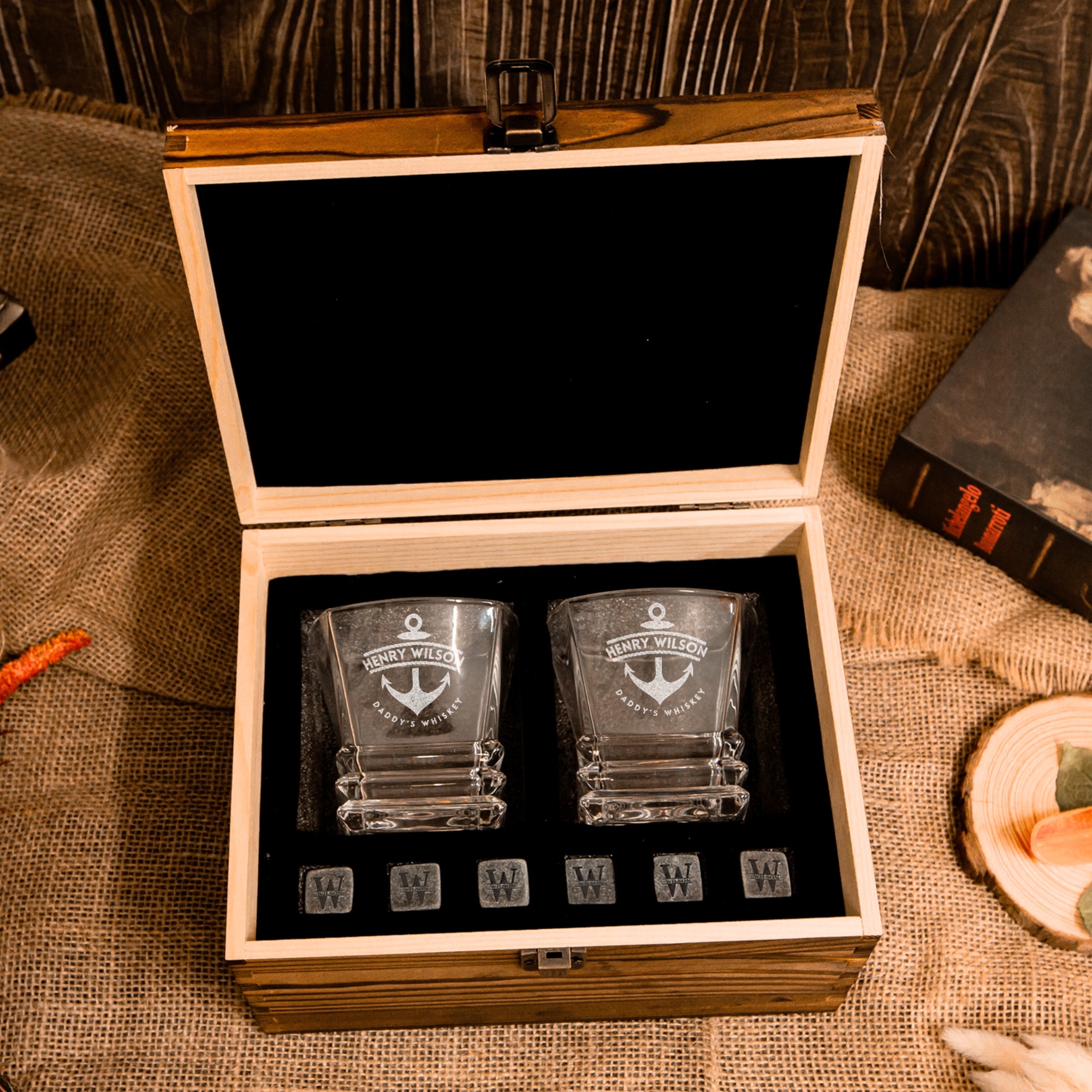 Custom Engraved Whiskey Wooden Box - 2 Prism Scotch Glasses & 6 Rock Ice Stones, Personalised Logo Barware Set Retirement Groomsman Dad Gift