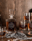 Personalised Flat Whiskey Decanter & 6 Scotch Glasses Box Set , Custom Engraved Whisky Barware, Housewarming, Groomsmen, Dad Birthday Gift