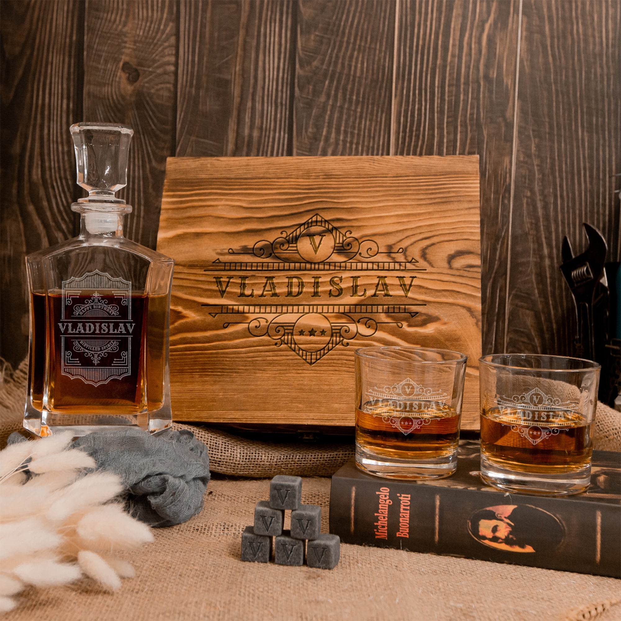 Engraved Whiskey Wooden Box - Flat Decanter, 2 Scotch Glasses & 6 Ice Stones Personalised Barware Set Groomsman, Birthday Dad Christmas Gift