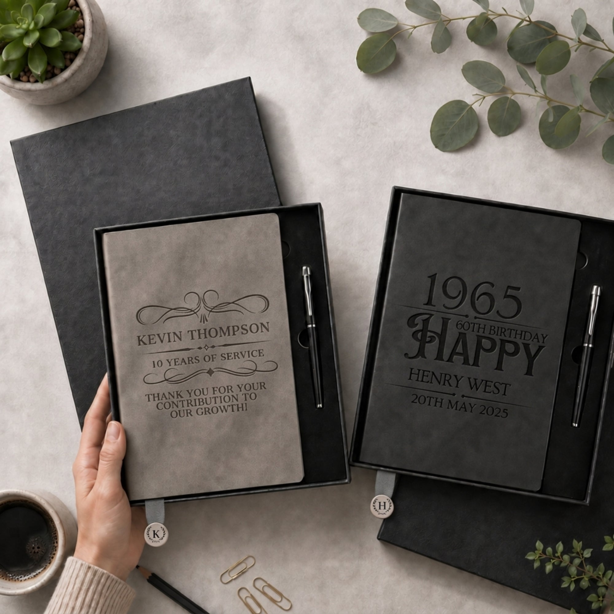Personalised Engraved Soft Suede B5 Notebook, Pen &amp; Bookmark Charm Gift Box Set