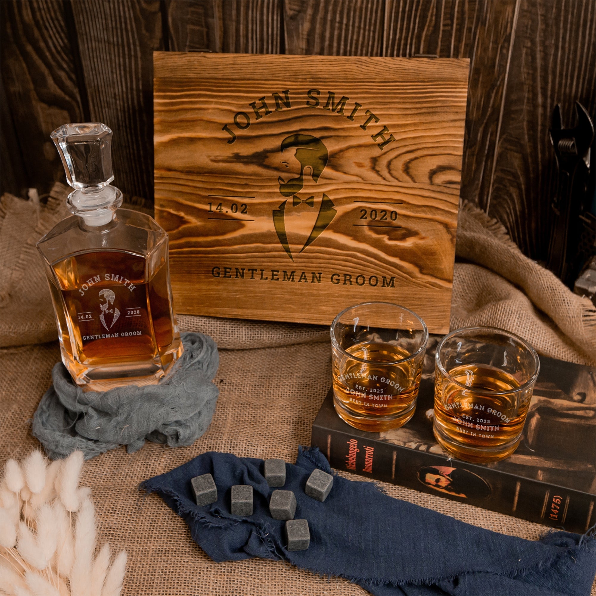 Engraved Whiskey Wooden Box - Flat Decanter, 2 Scotch Glasses &amp; 6 Ice Stones Personalised Barware Set Groomsman, Birthday Dad Christmas Gift