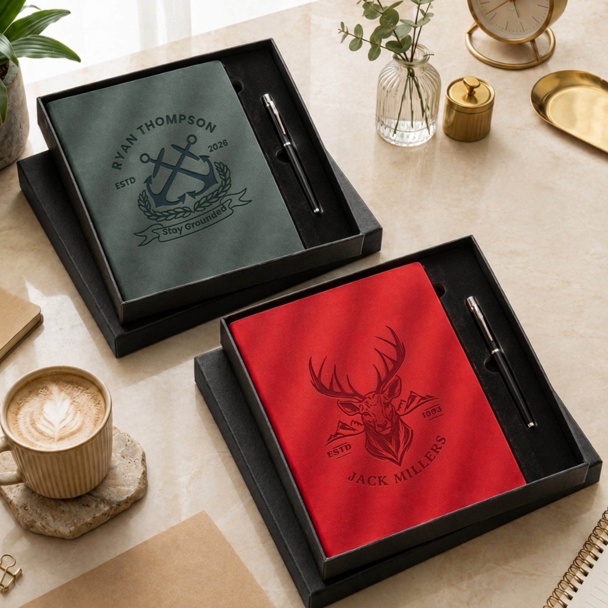 Personalised Engraved Soft Suede B5 Notebook, Pen &amp; Bookmark Charm Gift Box Set