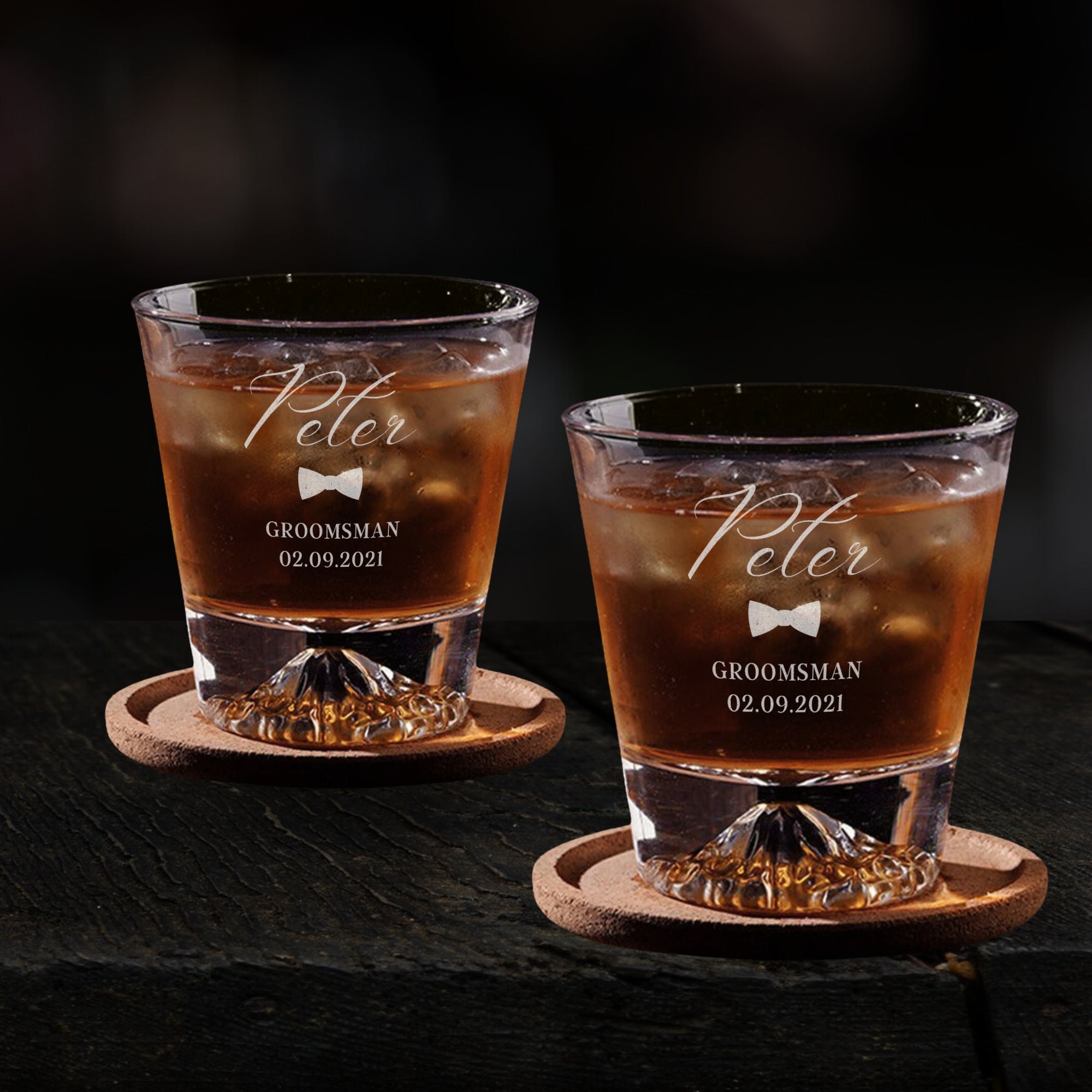 Personalised Mountain Whiskey Glasses &amp; Acacia Coasters Pair Set in Custom Engraved Wooden Box, Dad Best Man Groomsman Proposal Wedding Gift
