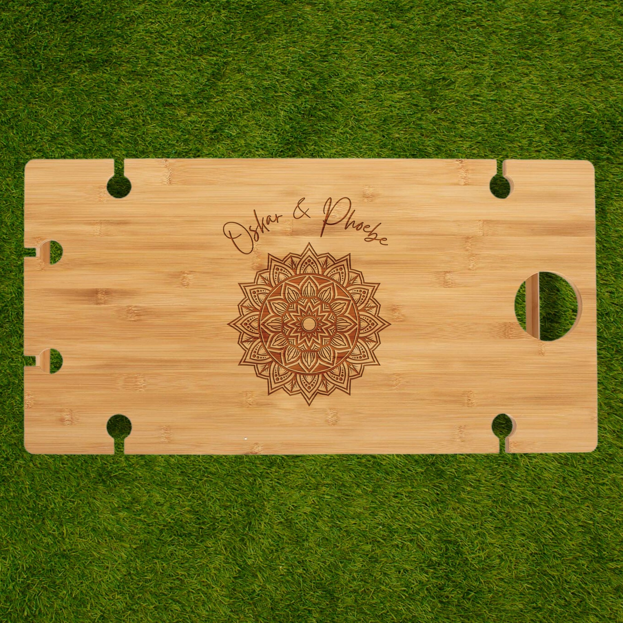 Personalised Bamboo Picnic Table &amp; 6 Crystal Wine Glasses, Engraved Cheese Board Charcuterie Platter, Camping, Anniversary Housewarming Gift