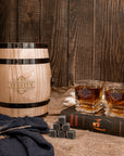 Personalised Wooden Barrel Whiskey Box, 2 Prism Glasses, 6 Ice Stones | Custom Engraved Barware Set, Dad, Groomsmen, Retirement, Xmas Gift 
