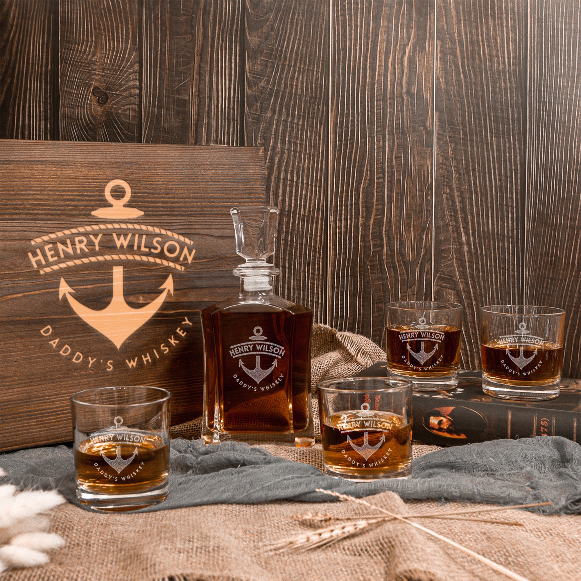 Custom Engraved Whiskey Decanter Set, 4  Glasses & Wooden Box, Personalised Logo Barware, Father, Birthday, Groomsmen Wedding Corporate Gift