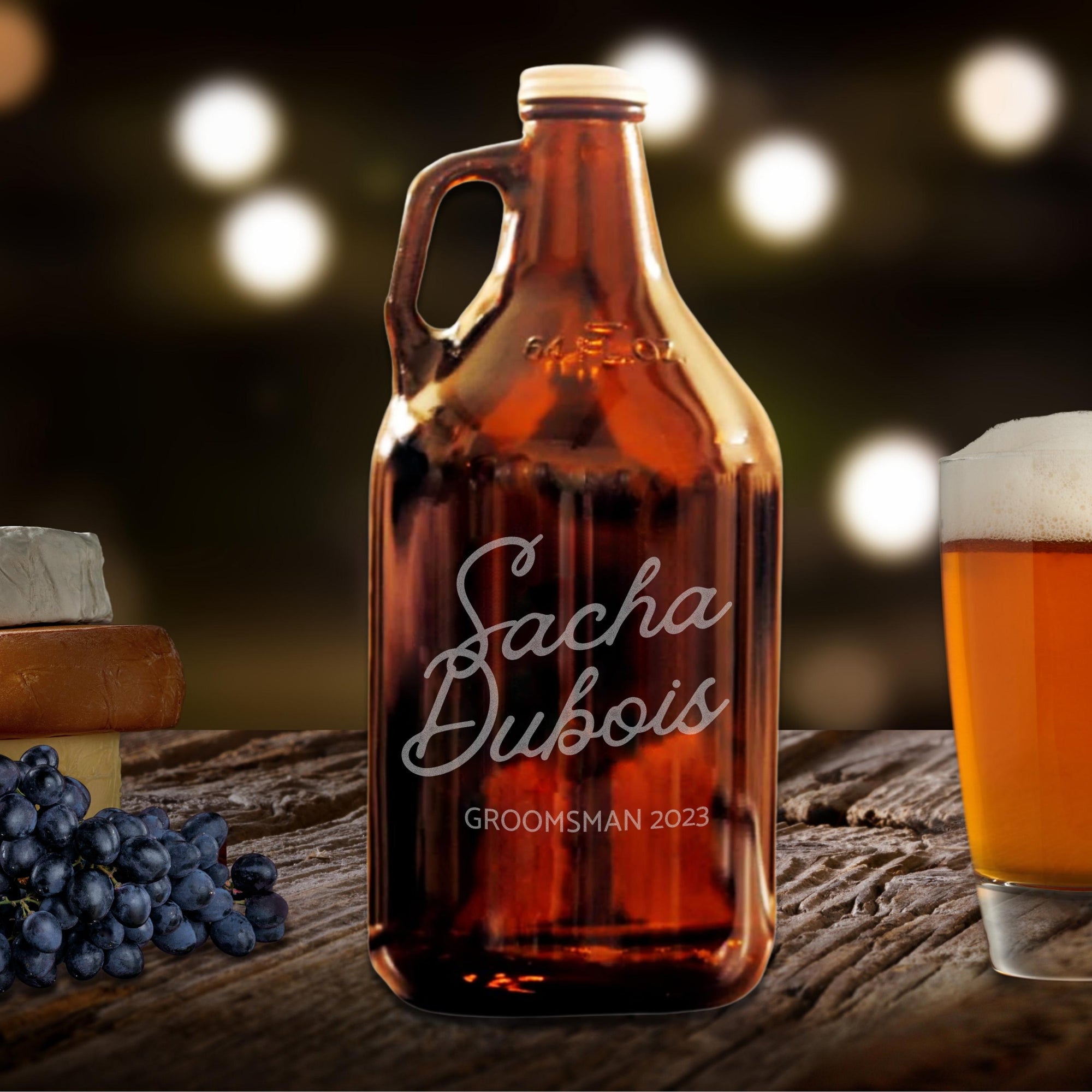 Personalised 1.9L Amber Glass Craft Beer Growler, Engraved Brewery Takeaway Tankard Bottle, Etched Custom Logo Corporate/ Father/ Housewarming Gift, Wedding/ Groomsmen Favour