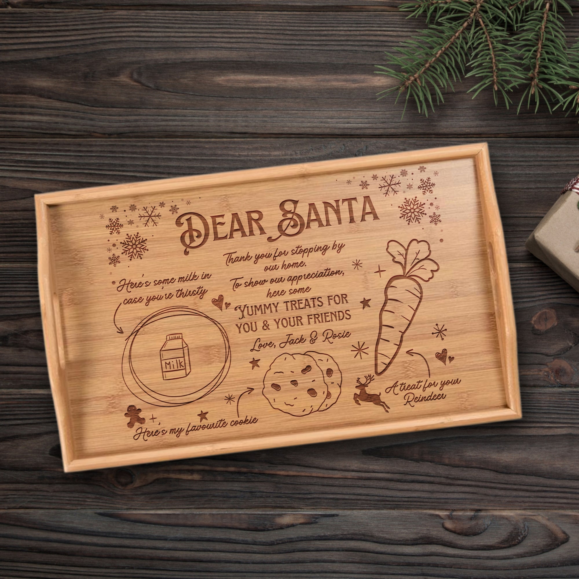 Personalised Dear Santa Bed Tray Table, Custom Engraved Christmas Eve Board, Etched Reindeer Milk Carrot Cookie Platter Wood Xmas Night Tray