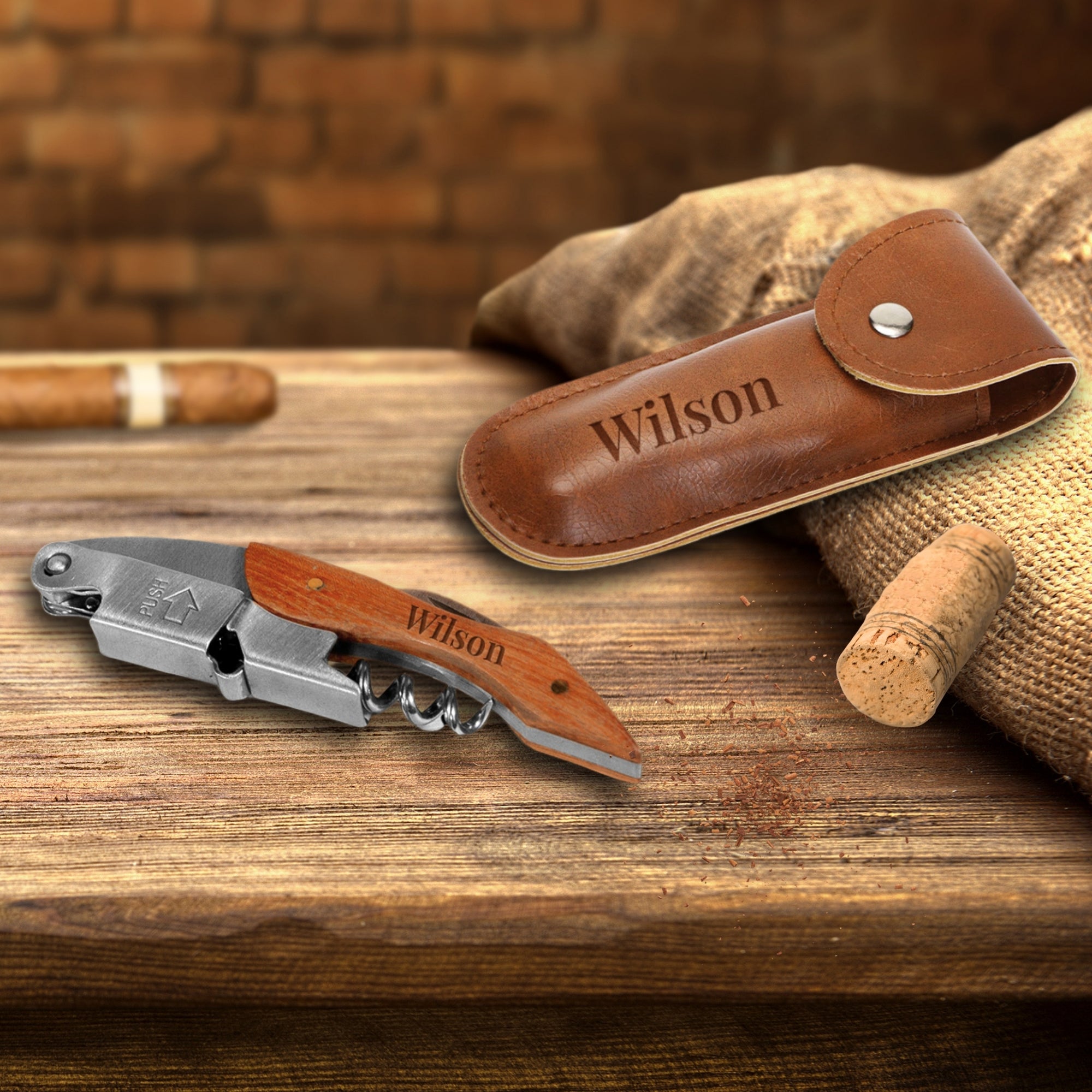 Personalised Wooden Handle Corkscrew & Leather Pouch Wine Set, Bottle Opener, Custom Logo Knife Foil Cutter, Corporate/ Groomsmen/ Dad Gift