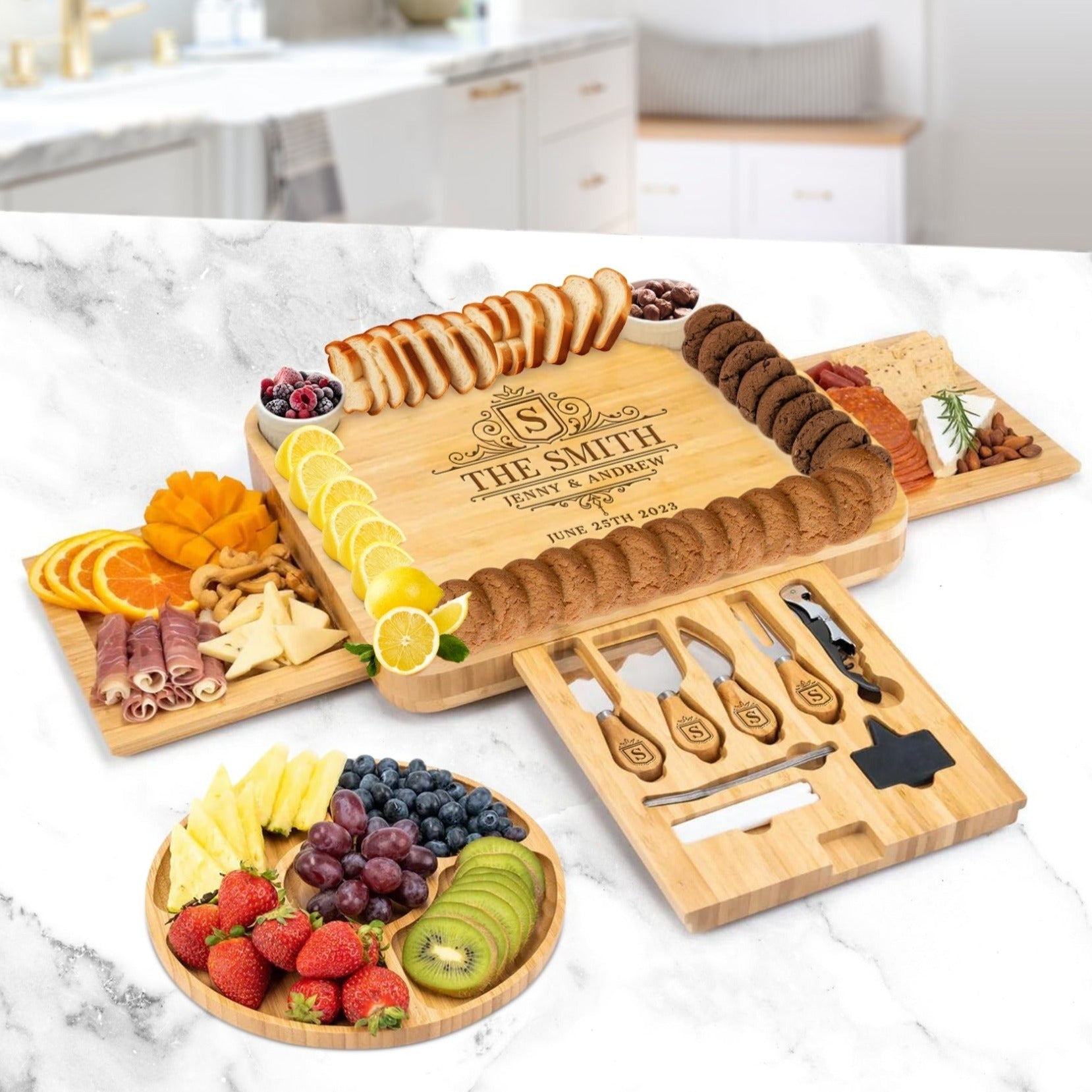 Personalised Bamboo Pull Out 3 Drawer Cheese Board & Knife Tools Set with Fruit Tray, Engraved Wooden Charcuterie Platter, Anniversary Gift