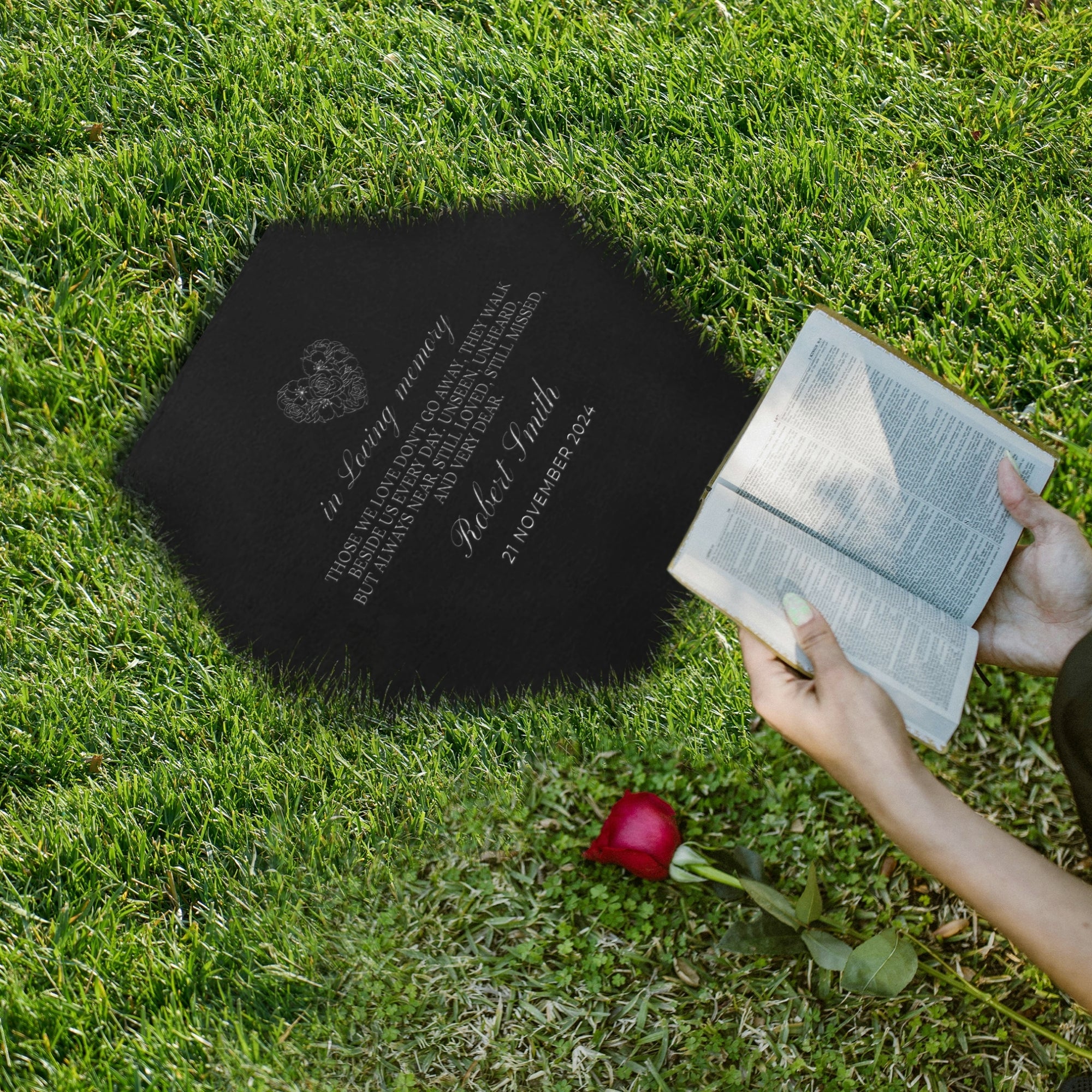 Personalised Memorial Hexagon Slate Sign, Custom Engraved In Loving Memory Garden Stone, Funeral Cemetery Plaque Loss of Loved One Pray Gift