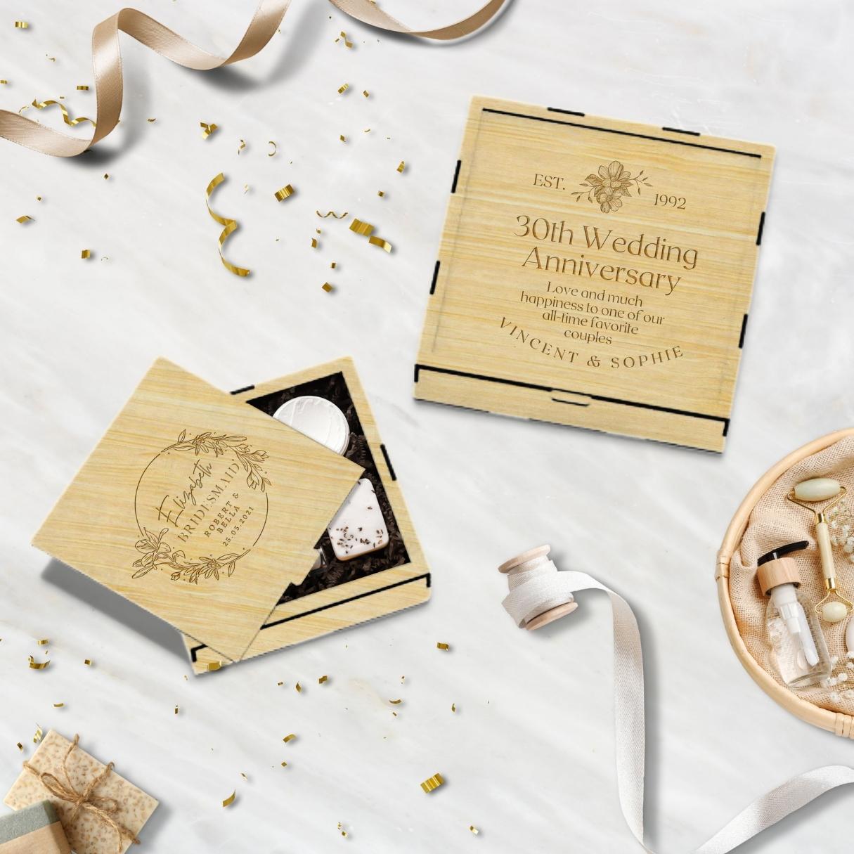 Custom Engraved Wooden Keepsake Square Box, Personalised Plywood Name Date Wedding Favour, Birthday, Bridesmaid Groomsmen Storage Gift Boxes