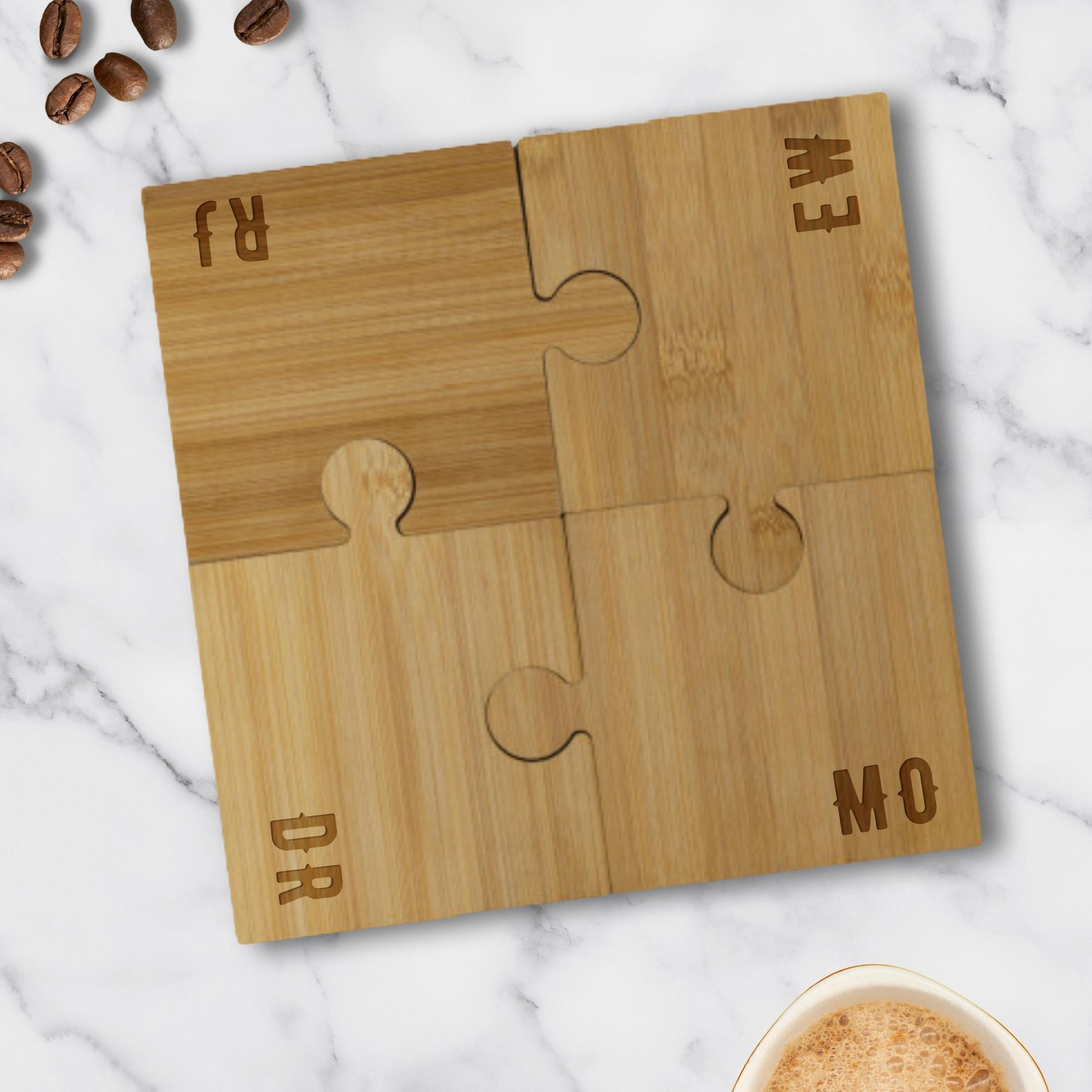 Personalised Set of 4 Jigsaw Puzzle Bamboo Coaster, Custom Engraved Drink Mat, Wedding/ Anniversary / Housewarming/ Birthday/ Corporate Gift
