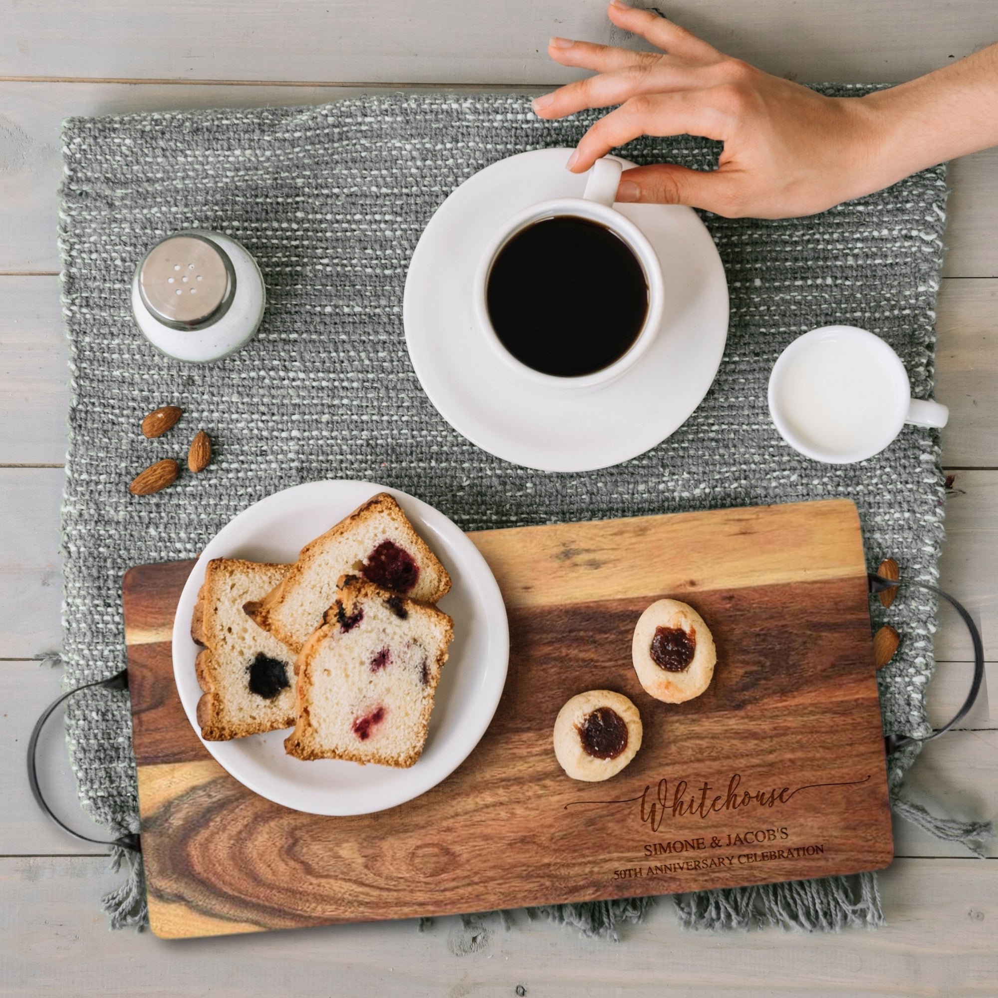 Personalised Acacia Serving Board & Iron Handles, Charcuterie, Cheese/ Chopping Cutting Board, Custom Engraved Anniversary Housewarming Gift